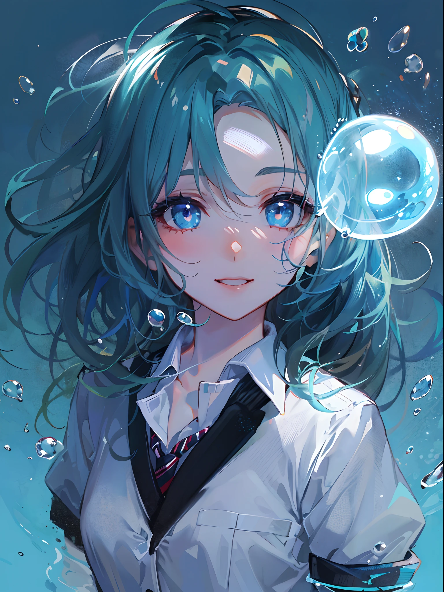 ((top-quality)), ((masterpiece)), ((ultra-detailliert)), (extremely delicate and beautiful), girl with, 独奏, cold attitude,((Black jacket)),She is very(relax)with the(Settled down)Looks,A dark-haired, depth of fields,evil smile,Bubble, under the water, Air bubble,bright light blue eyes,Inner color with light blue hair and dark blue tips,Cold background,Bob Hair - Linear Art, shortpants、knee high socks、White uniform like school uniform、Light blue ribbon ties、Clothes are sheer、Hands in pockets