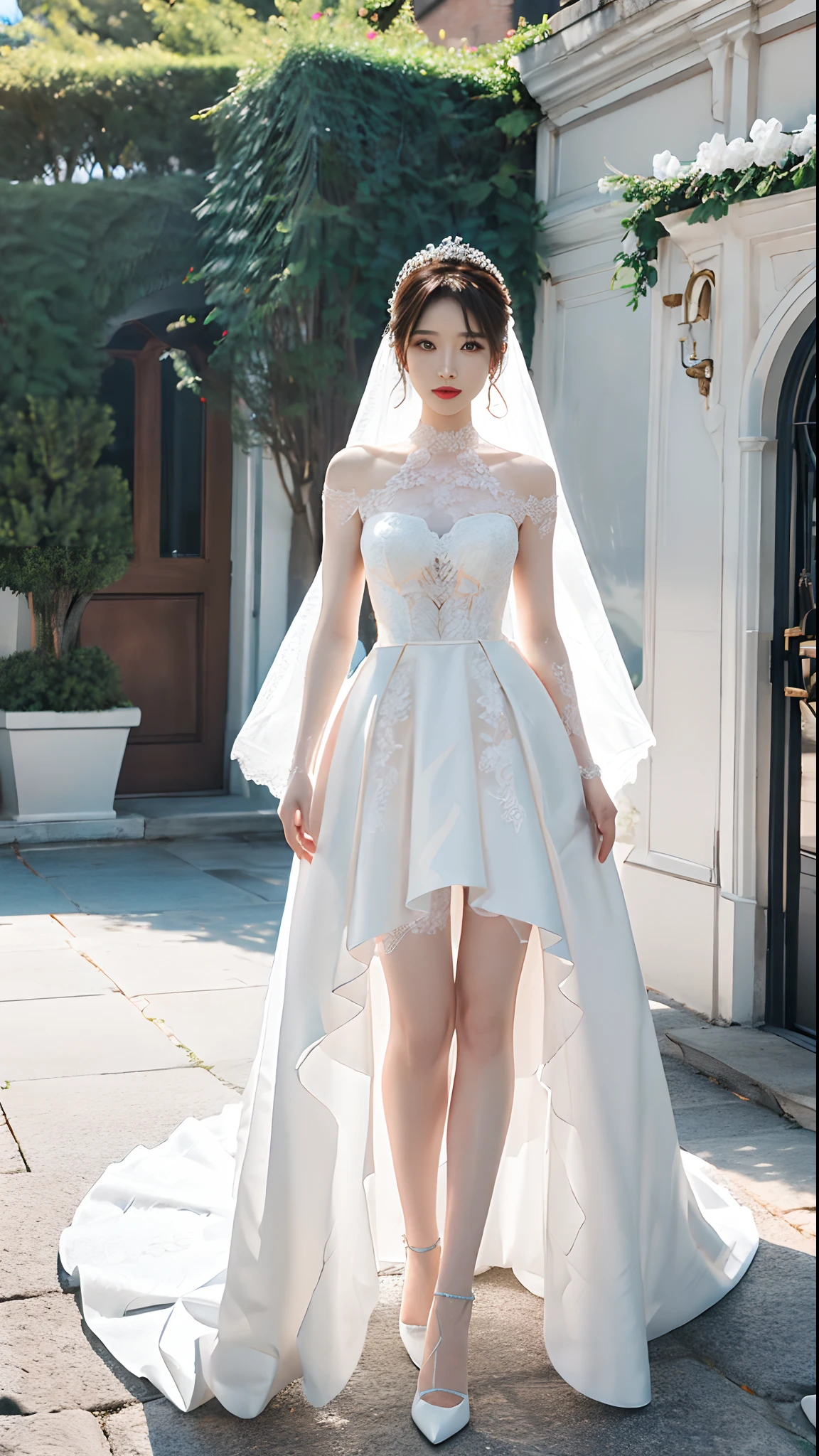 ((((ultra illustrated style:1.0)))),Best quality,best animation,Masterpiece,Ray tracing, Global illumination,1girll, Solo, view the viewer, standing, full bodyesbian, Wedding dress,Outdoors,