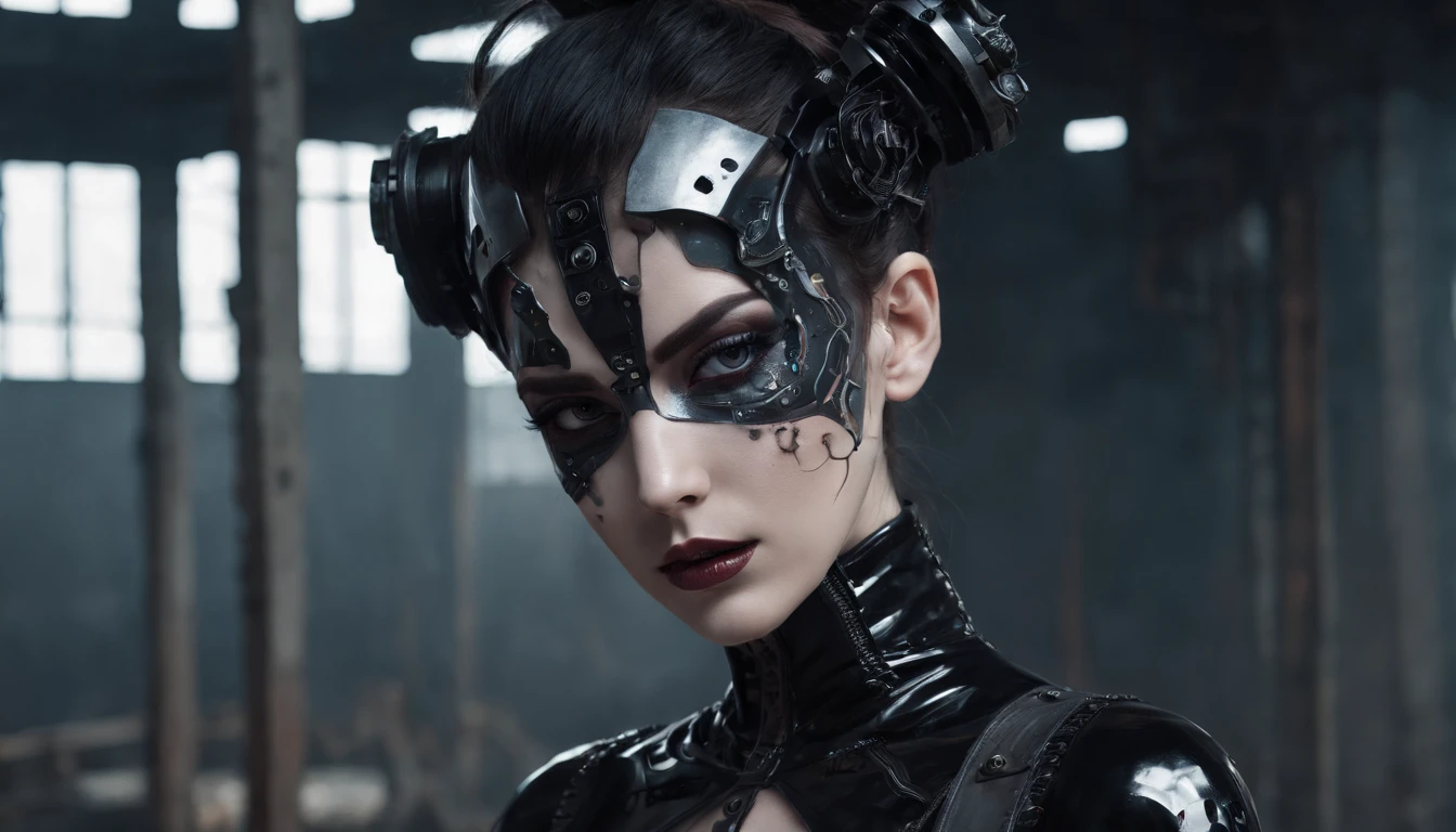 cyborg woman with goth makeup posing for a photo in the inside of an abandoned factory, cyberpunk aesthetic, cyborg woman, dark techno aesthetic, industrial goth aesthetic, intern of an abandoned factory in the background, ultra detailed, photorealistic, masterpiece.