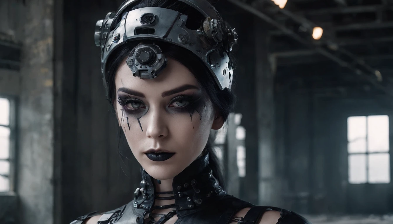 cyborg woman with goth makeup posing for a photo in the inside of an abandoned factory, cyberpunk aesthetic, cyborg woman, dark techno aesthetic, industrial goth aesthetic, intern of an abandoned factory in the background, ultra detailed, photorealistic, masterpiece.