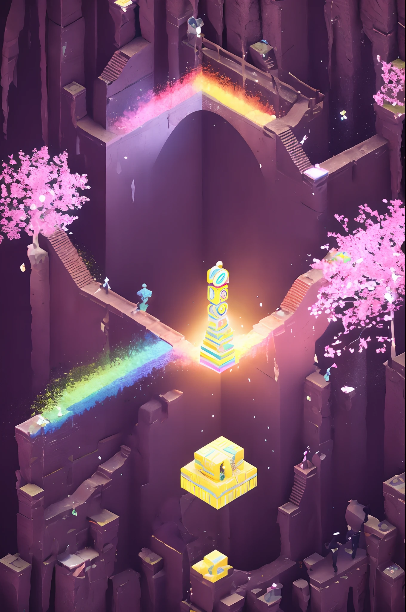 Surrealism, stereogram, atmospheric perspective, super detail, ccurate, best quality, UHD, masterpiece, anatomically correct, 16k, highres，Pink space，1Blittle girl，In Monument Valley，Labyrinth of magical castles， girl looking for lost treasure，Geometric space，Unordered regular three-dimensional pattern，Ancient totem poles，Tall monument，Intricate staircase,Space for the rainbow，fantasticcolors，Fairy treasure hunt fantasy，Mysterious treasure，Sparkling treasure