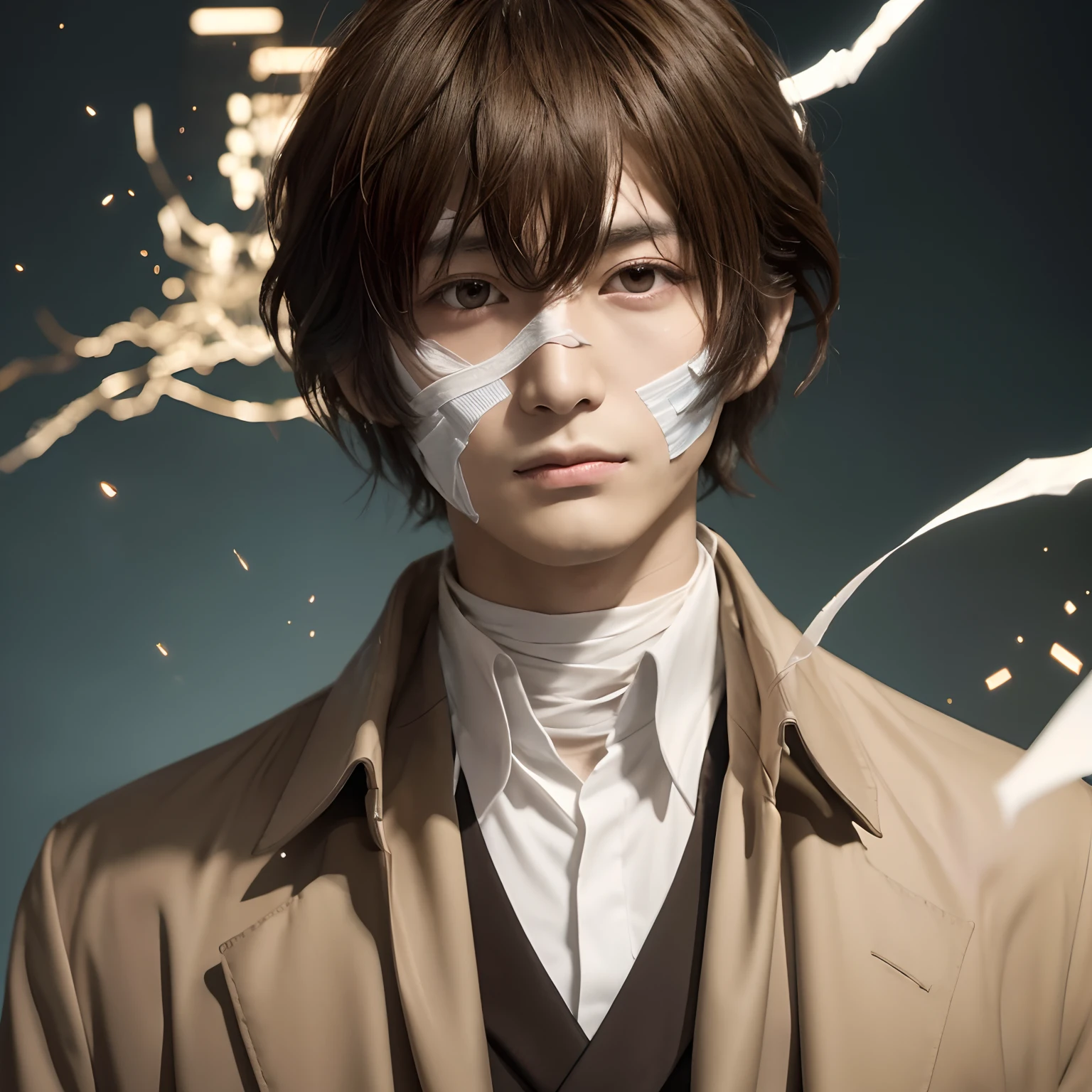 top-quality, 8K, ultra-detailliert, masutepiece, Best Quality, 超A high resolution, top-quality, dazai osamu, bandaged, coat, up of face, 22year old, Less dressing on the face,