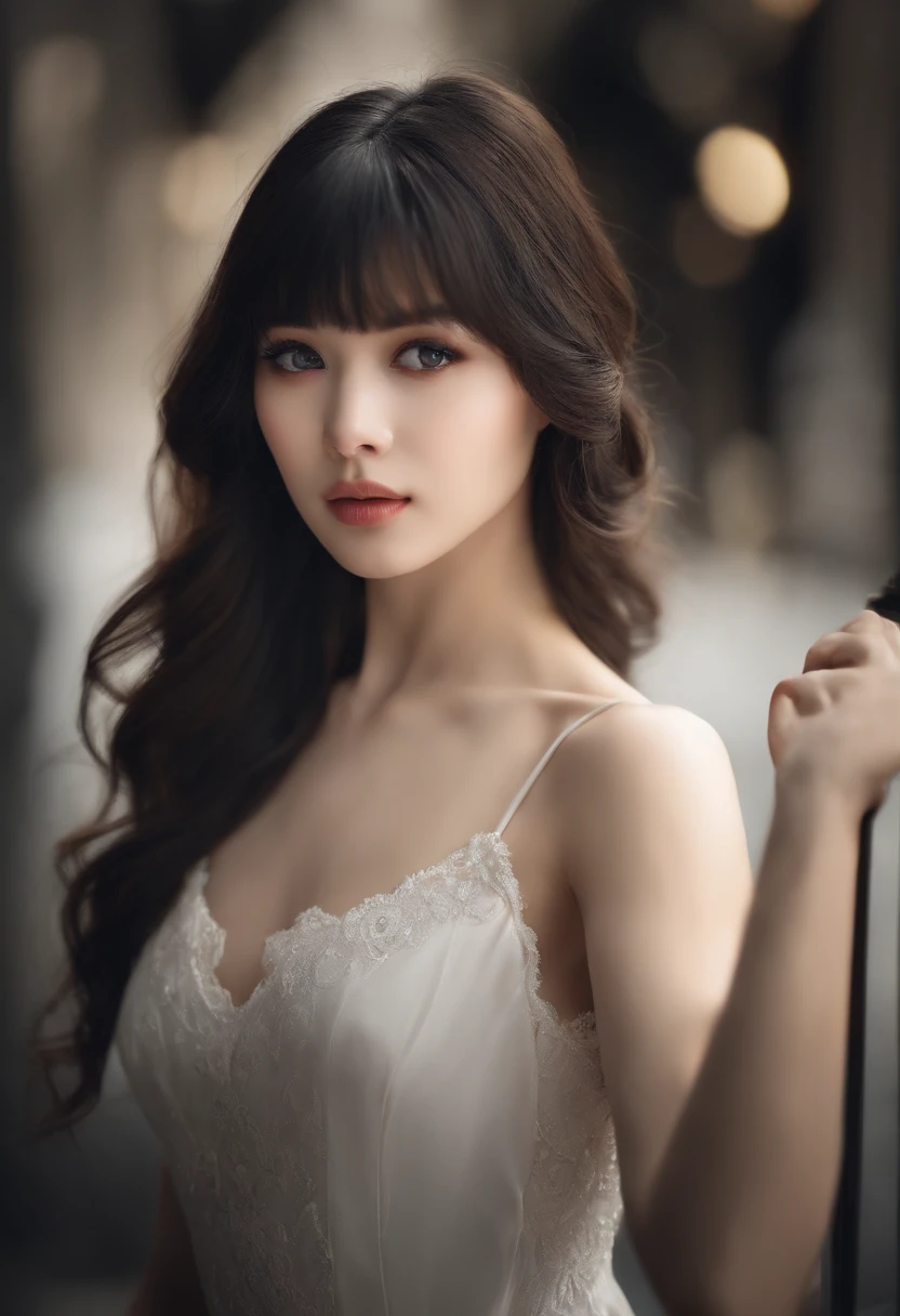 masterpiece, best quality, ultra-detailed, best shadow, beautiful detailed face, beautiful detailed eyes, High contrast,, 1girl, petite, (flat chest), bangs, hair over one eye, black bare shoulders,, white background:1.3, (face focus:1.3, eye close-up:1.3), ((from behind:1.3)), ass,