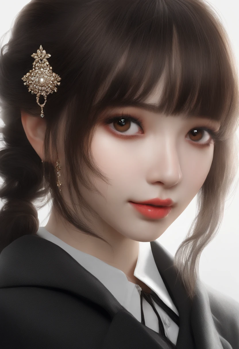 masterpiece, best quality, ultra-detailed, best shadow, beautiful detailed face, beautiful detailed eyes, High contrast,, 1girl, ite, (flat chest), bangs, hair over one eye, black bare shoulders,, white background:1.3, (face focus:1.3, eye close-up:1.3), ((from behind:1.3)), ass,