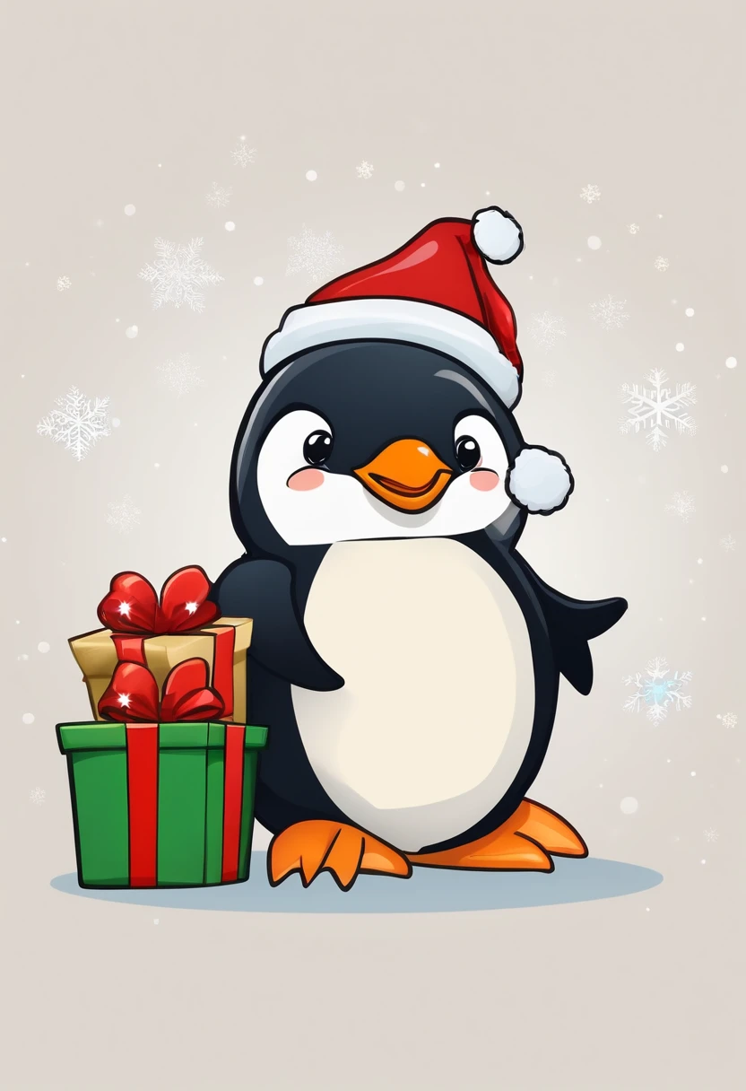 "Draw a fun and cheerful Christmas penguin, com um sorriso contagiante no rosto. The penguin's body is wrapped in colorful Christmas blinkers, que piscam em diferentes tons vibrantes. The penguin is wearing a red beanie with a gold star on the end, and holds a Christmas present with a sparkly bow. The scene around the penguin is full of snow, Christmas trees and other festive ornaments, criando um ambiente de alegria e felicidade.”