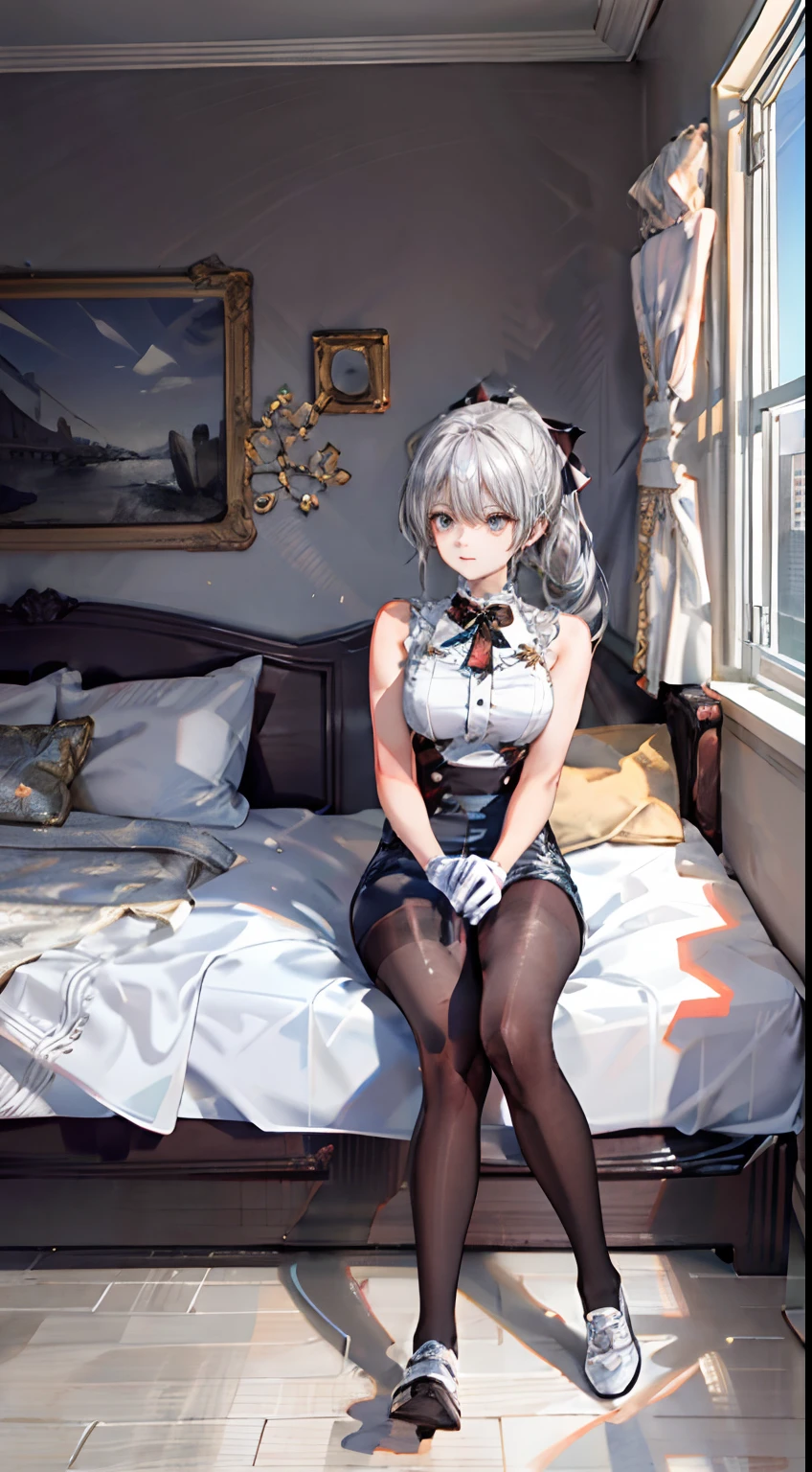 girl)), ray tracing, (dim lighting), [detailed background (bedroom)), ((silver hair)), ((silver hair)), (silver hair), (fluffy silver hair, plump and slender girl)) with high ponytail)))) avoiding blonde eyes in the ominous bedroom (((girl wearing intricately embroidered black high-waisted pants with pantyhose) and white ruffled bow gloves), showing a delicate slim figure and graceful curves, correct limbs, sitting on the bed