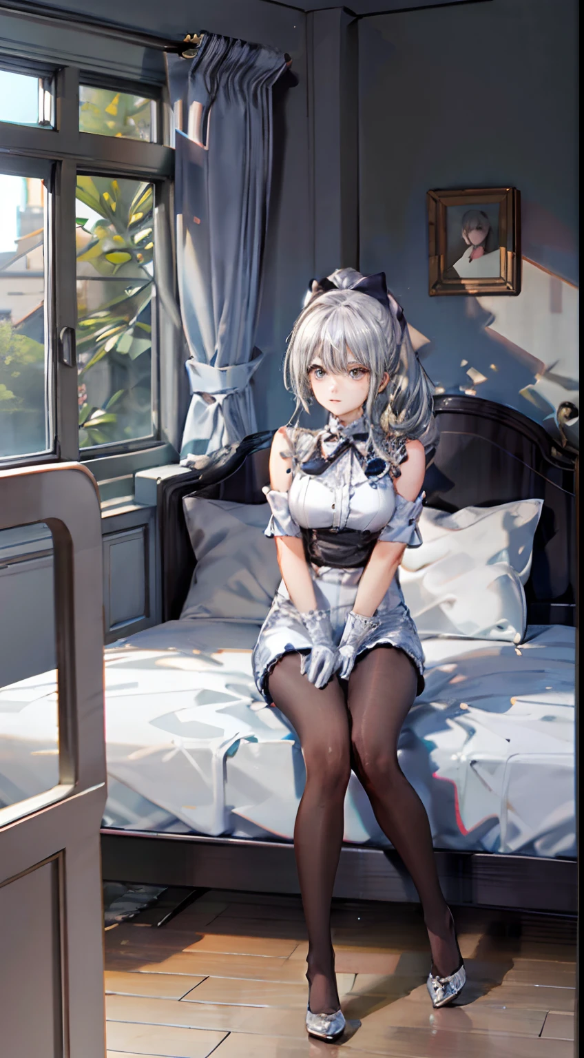 girl)), ray tracing, (dim lighting), [detailed background (bedroom)), ((silver hair)), ((silver hair)), (silver hair), (fluffy silver hair, plump and slender girl)) with high ponytail)))) avoiding blonde eyes in the ominous bedroom (((girl wearing intricately embroidered black high-waisted pants with pantyhose) and white ruffled bow gloves), showing a delicate slim figure and graceful curves, correct limbs, sitting on the bed