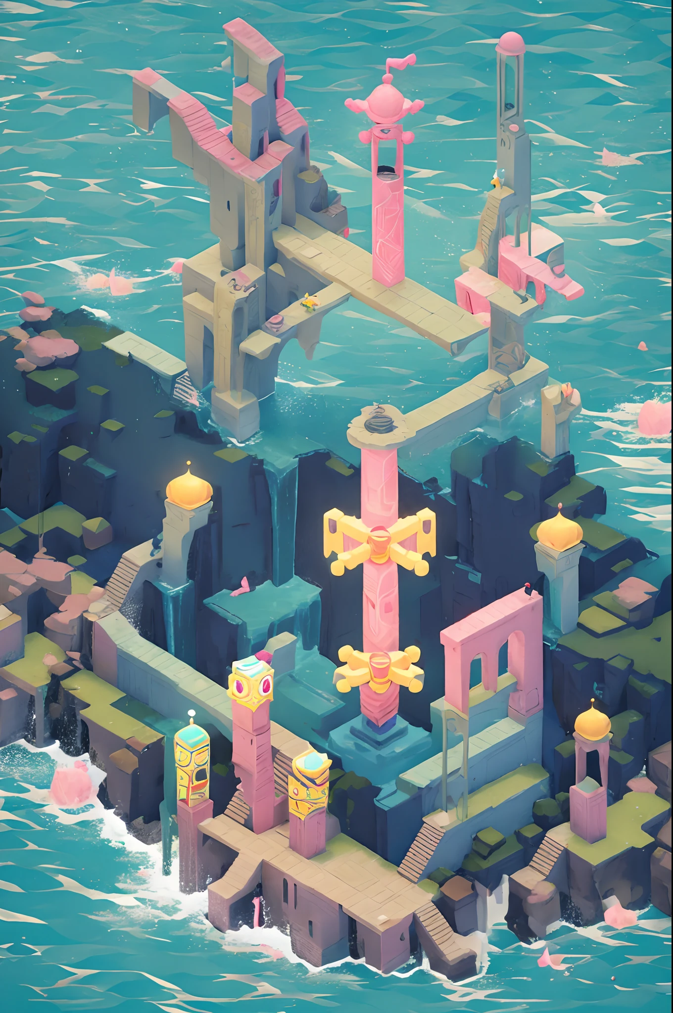 Surrealism, stereogram, atmospheric perspective, super detail, ccurate, best quality, UHD, masterpiece, anatomically correct, 16k, highres，Pink space，1Blittle girl，In Monument Valley，Labyrinth of magical castles，Little girl looking for lost treasure，Geometric space，Unordered regular three-dimensional pattern，Ancient totem poles，Tall monument，Intricate staircase,Space for the rainbow，fantasticcolors，Fairy treasure hunt fantasy，Mysterious treasure，Sparkling treasure