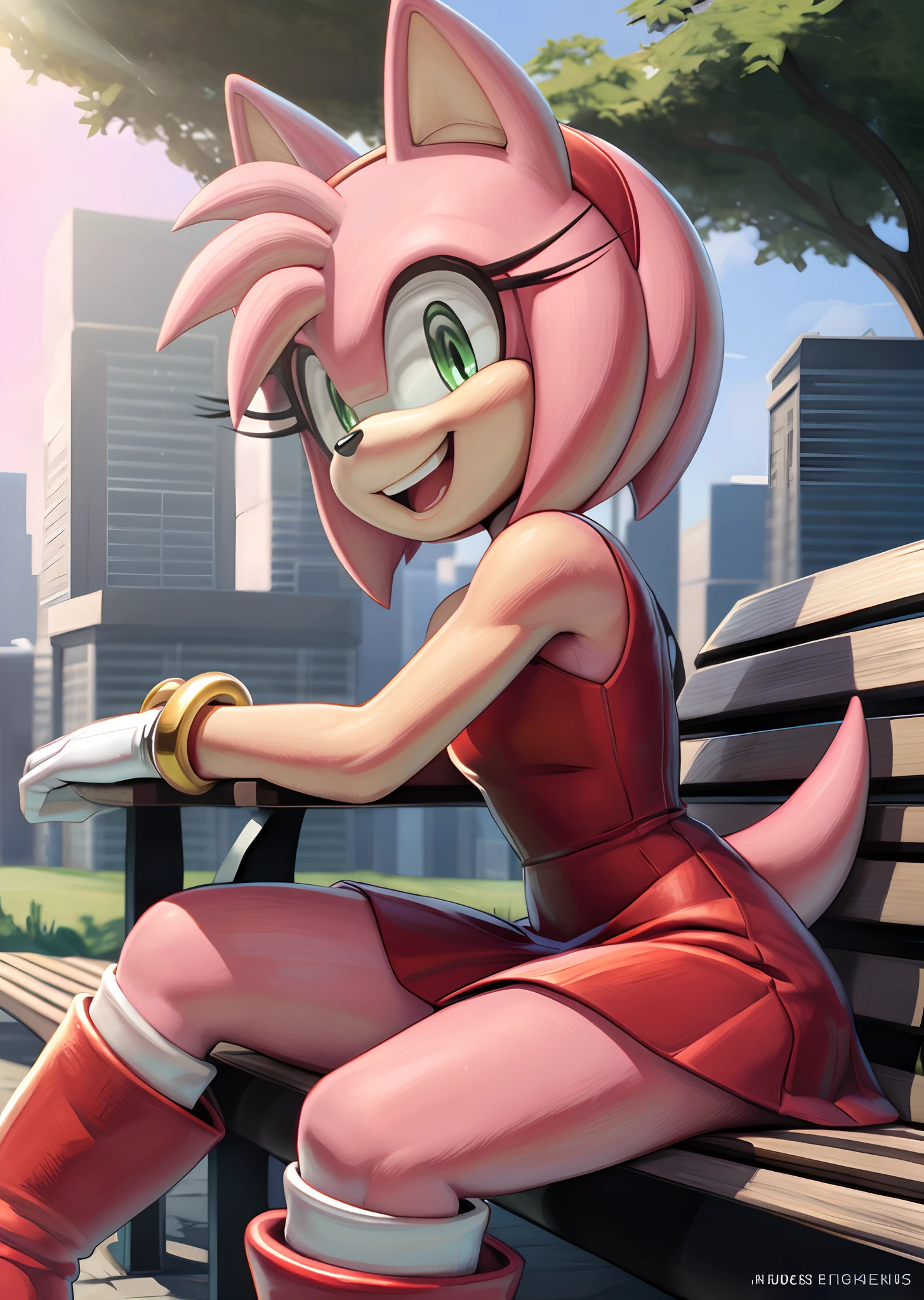 [Amy Rose], [sonic the hedgehog \(series\)], [Uploaded to e621.net; (Pixelsketcher), (wamudraws), (napalm_express)], ((masterpiece)), ((HD)), ((high quality)), ((solo portrait)), ((side view)), ((full body)), ((detailed fur)), ((detailed shading)), ((cel shading)), ((beautiful render art)), ((intricate details)), {anthro, (slim figure), (pink fur), black nose, animal ears, cute green eyes, short hair, headband, short tail, (gorgeous hips), (beautiful legs), (excited smile), (mouth open)}, {(short red dress white lining), (red knee-high boots), (white stripes on boots), (gold wristbands)}, {(sitting on bench), (arms at side), (legs crossed), (looking at viewer)}, [background; (city), (park), (blue sky), (sun rays)]