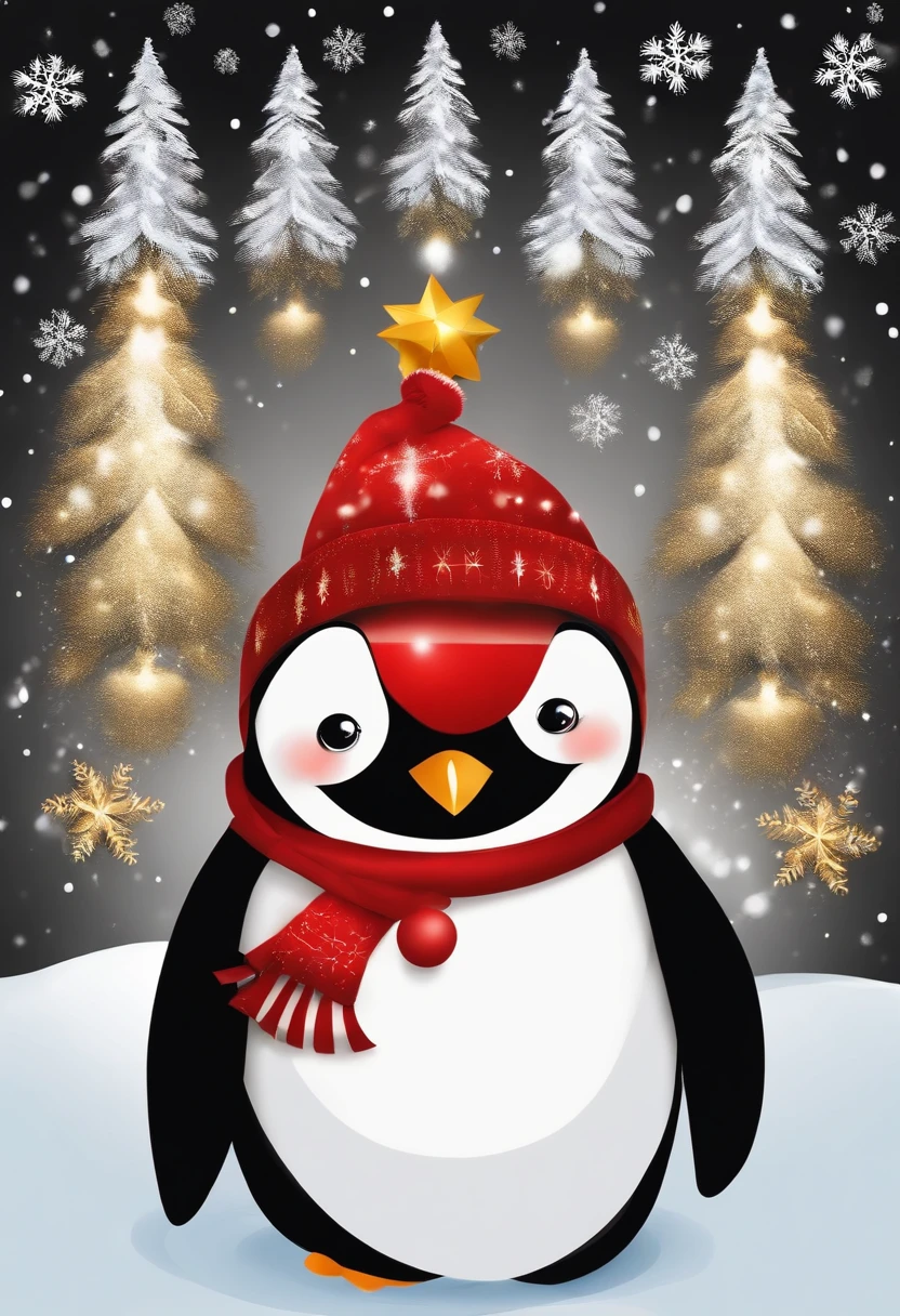 "Desenhe um pinguim de Natal divertido e alegre, com um sorriso contagiante no rosto. The penguin's body is wrapped in colorful Christmas blinkers, que piscam em diferentes tons vibrantes. The penguin is wearing a red beanie with a gold star on the end, and holds a Christmas present with a sparkly bow. The scene around the penguin is full of snow, Christmas trees and other festive ornaments, criando um ambiente de alegria e felicidade."