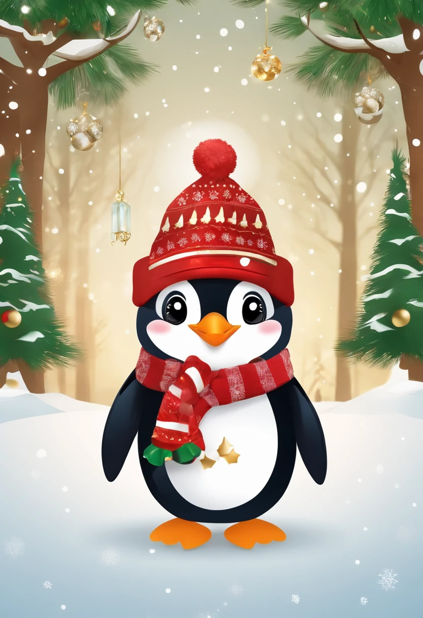 "Desenhe um pinguim de Natal divertido e alegre, com um sorriso contagiante no rosto. The penguin's body is wrapped in colorful Christmas blinkers, que piscam em diferentes tons vibrantes. The penguin is wearing a red beanie with a gold star on the end, and holds a Christmas present with a sparkly bow. The scene around the penguin is full of snow, Christmas trees and other festive ornaments, criando um ambiente de alegria e felicidade."