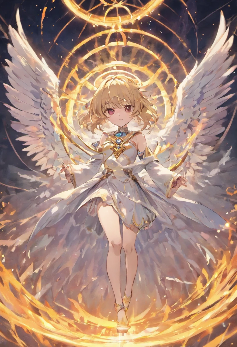 (((1girl))), ((best quality)), ((masterpiece)), ((ultra-detailed)), (illustration), (detailed light), (an extremely delicate and beautiful), (beautiful detailed eyes), (sunlight), ((extremely light)), ((extremely clothes)), (((hyper detail))),(((((front lighting))))),(((((front light))))),
((((quite adorable and much more erotic Wizard's robe with a brief skirt and magical tiara)))), (((Finest Ranked Wizard))),
,
((wavy manish short bob)), ((((yellow gold hair)))), (((short hair))),
(((ruby red eyes))), (((tiny adorable angel wings))), (((angel halo))),
(((whole body))), aged 8 to 12, ((((())))),
((condescending expression)), ((mischievous smile with sexual satisfaction)), (((extra adorable))), (((((extra slender shape))))),
(((extremely beautiful detailed face))), (((surrounded by burning sparks of destructive energy streams))),
(((((bravely attacking enemies by a spell of annihilative supernova))))), (((elegant magic boots))),
(((((Dutch angle))))), (((white gloves))), ((transparent underskirt)), (a little bit exposed platinum gold panties)