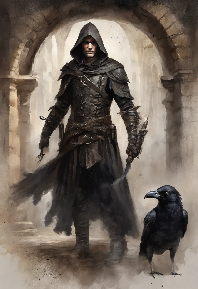 An Arad image of a man in a Gothic setting with a crow, dark fantasy style art, gothic fantasy art, dark fantasy art, dark fantasy illustration, dark fantasy artwork, dark fantasy art style, dark fantasy portrait, fantasy dark art, an ominous fantasy illustration, portrait of fin wildcloak, fantasy genre portrait, dark fantasy concept art, medieval dark fantasy