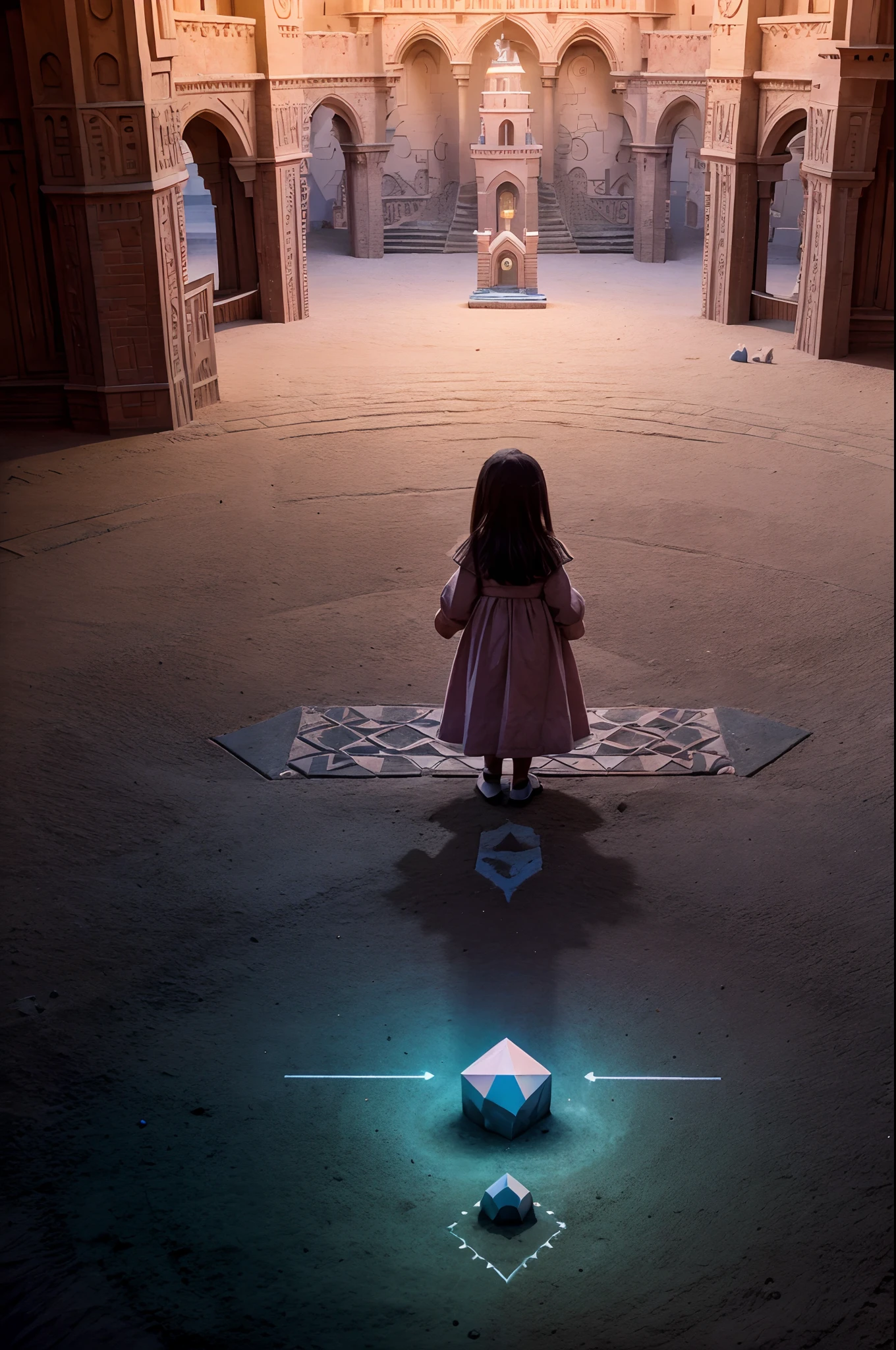 1Blittle girl，In Monument Valley，Labyrinth of magical castles， girl looking for lost treasure，Geometric space，Unordered regular three-dimensional pattern