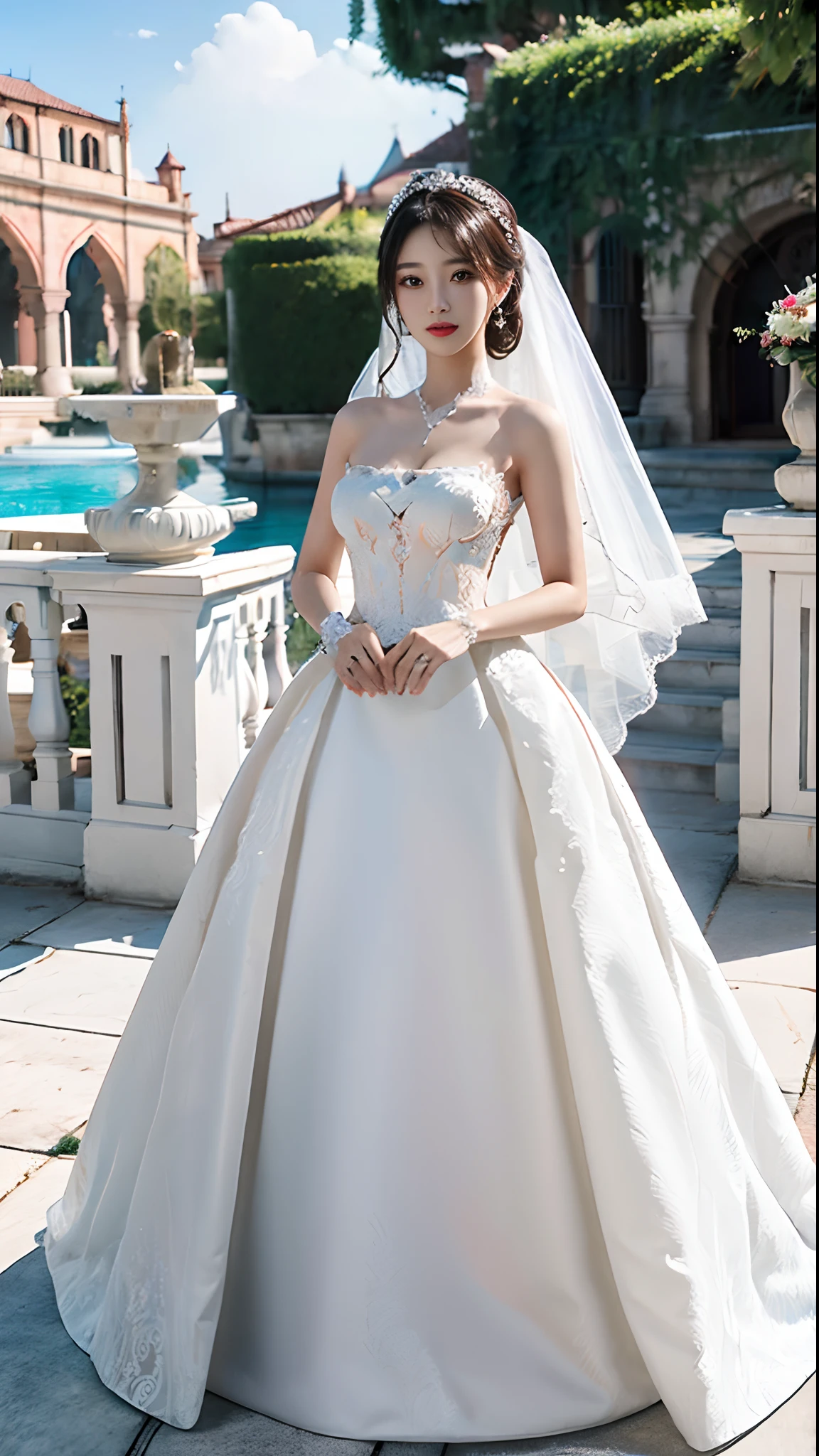 ((((ultra illustrated style:1.0)))),Best quality,best animation,Masterpiece,Ray tracing, Global illumination,1girll, Solo, view the viewer, standing, full bodyesbian, Wedding dress,Outdoors,