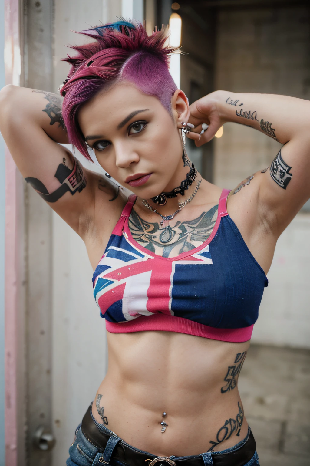 Beautiful punk woman with a coloured Mohawk and shaved underside hairstyle wearing a Union Jack crop top, piercings, tattoos , intense eye contact, face and upper body image, pink hair