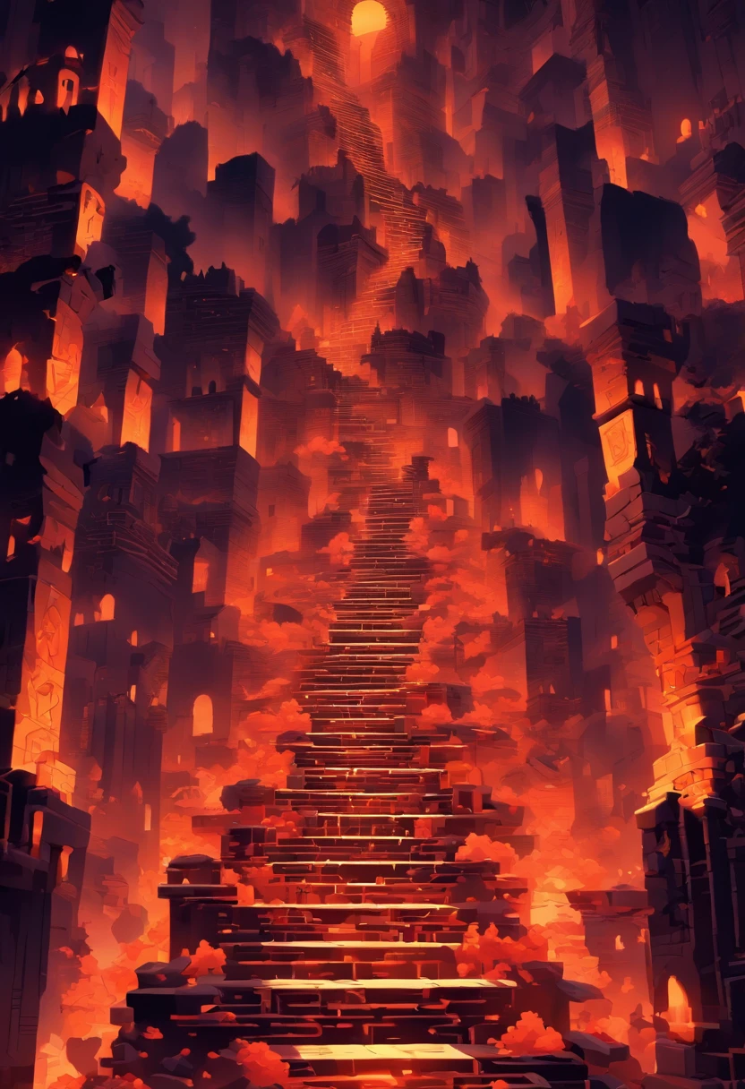 (Hellfire shattered the last first order of the stairs after the earthquake:1.3),(Only one flight of stairs:1.3)Broken,The roads are messy,monument valley,monument valley,Geometric Ida tears up the crow,stairs from hell to heaven, Isometric art, small steps leading down, Inspired by M. c. Escher, Inspired by M.c. Escher, isometric game, Inspired by MC Escher, Step onto the tower, stairways