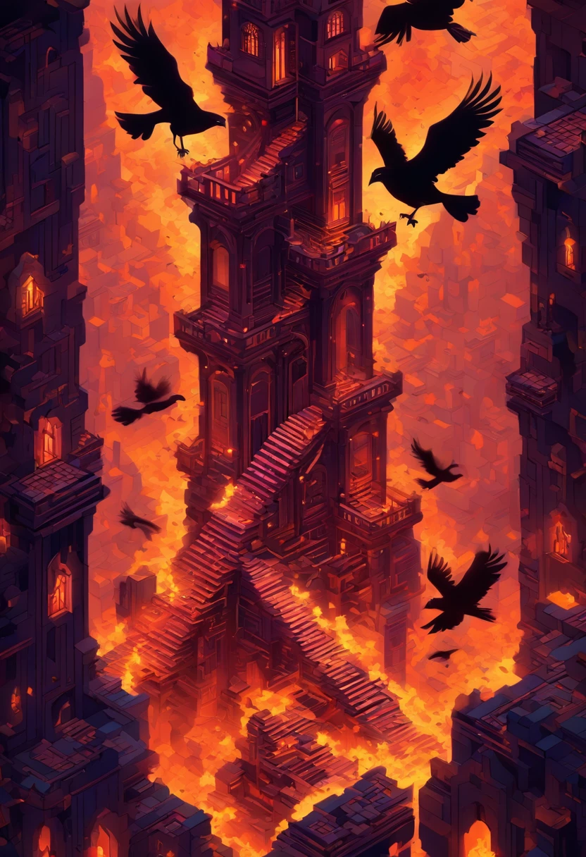 (Hellfire shattered the last first order of the stairs after the earthquake:1.3),(Only one flight of stairs:1.3)Broken,The roads are messy,monument valley,monument valley,Geometric Ida tears up the crow,stairs from hell to heaven, Isometric art, small steps leading down, Inspired by M. c. Escher, Inspired by M.c. Escher, isometric game, Inspired by MC Escher, Step onto the tower, stairways