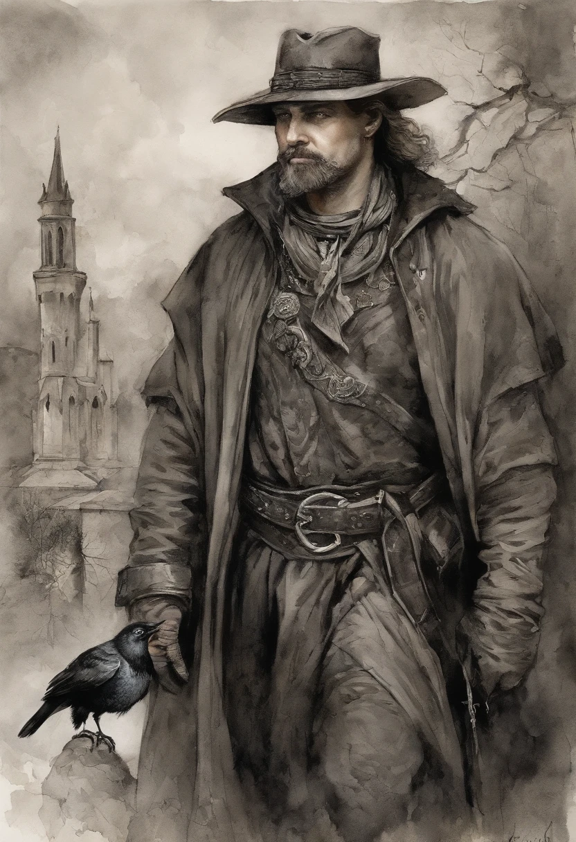 Arad image of man with crow in Gothic setting, dark fantasy style art, gothic fantasy art, dark fantasy art, dark fantasy illustration, dark fantasy artwork, dark fantasy art style, dark fantasy portrait, fantasy dark art, an ominous fantasy illustration, portrait of fin wildcloak, fantasy genre portrait, dark fantasy concept art, medieval dark fantasy