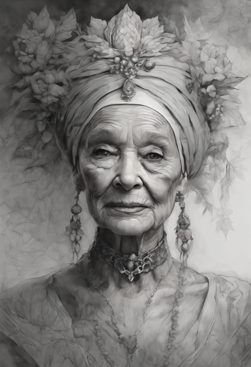 Detailed charcoal drawing in the style of Viktor Miller-Gausa, Ross Tran, Brian Froud, Tom Bagshaw of a Kind Elderly Woman, avec soft, Intricate shadows on her wrinkled face, Capturing the weathered beauty of a long and fulfilling life