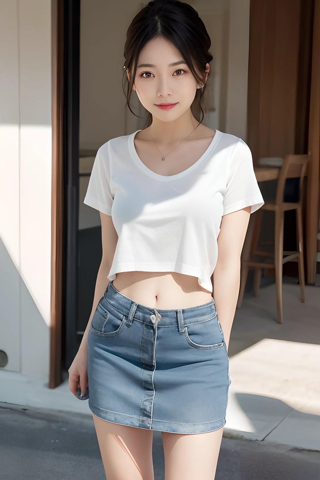 Clothed、(Photo Real:1.4)、(hyper realisitic:1.4)、(realisitic:1.3)、
(Smoother lighting:1.05)、(Improved lighting quality in movies:0.9)、32K、
1girl in、a 18 year old girl、Realistic lighting、Back lighting、Facial light、raytrace、(Brightening light:1.2)、(Increase quality:1.4)、
(Top quality real texture skins:1.4)、big eye、Slim Face、
(tired and sleepy and joy:0)、(laught:0)、tshirts、
(Mood up the body line:1.1)、(Improve skin texture:1.1)、espadrilles、skirt by the、