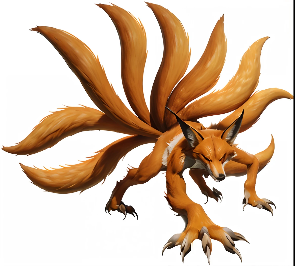Kyubi in anime naruto, orange 9-tailed fox monster, , outdoor background, ultra detail, realistic