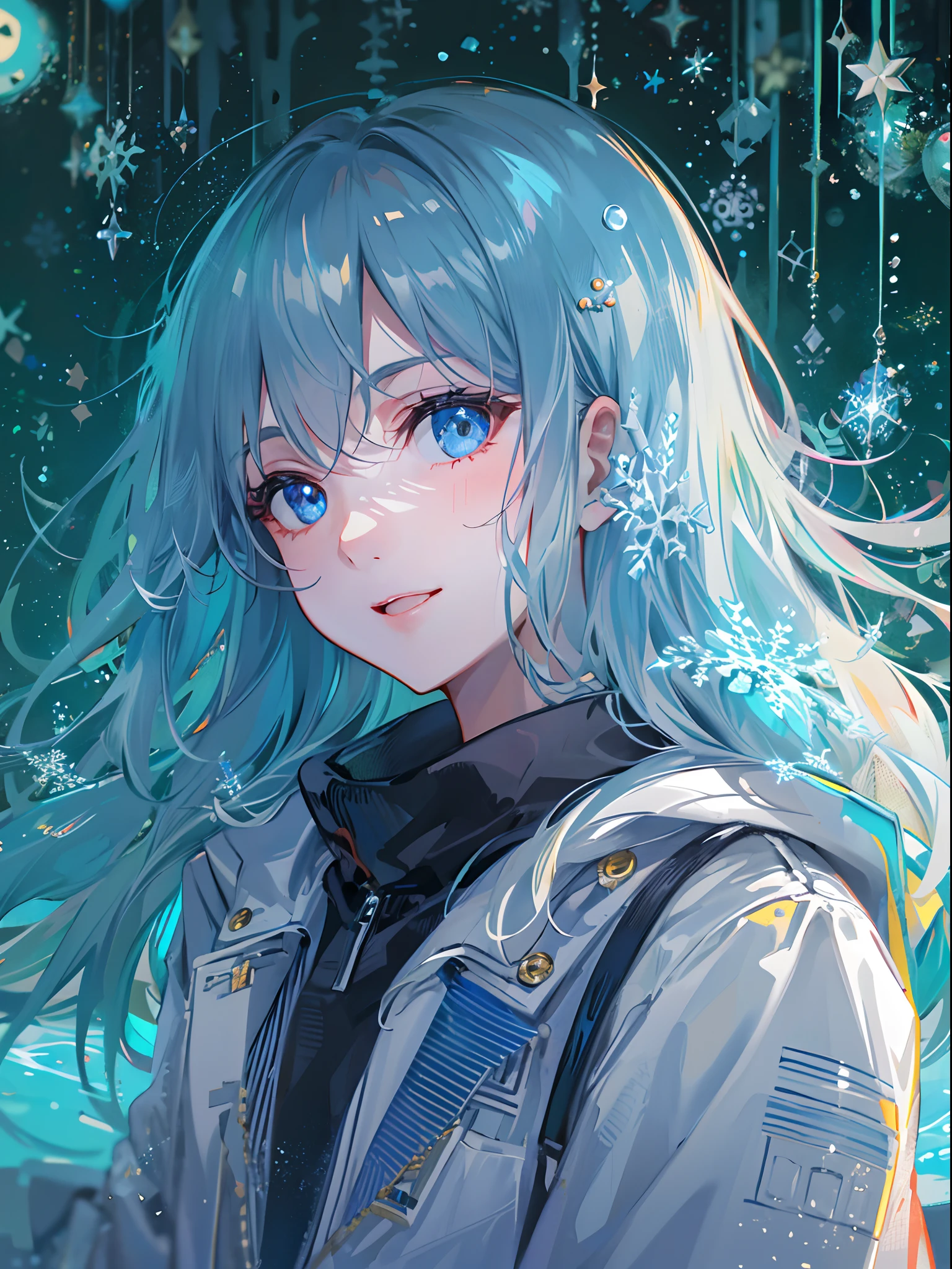 ((top-quality)), ((masterpiece)), ((ultra-detailliert)), (Extremely delicate and beautiful), girl with, 独奏, cold attitude,((Black jacket)),She is very(relax)with the(Settled down)Looks,A dark-haired, depth of fields,Evil smile,Bubble, under the water, Air bubble,bright light blue eyes,inner color with bright gray hair and light blue tips,,,,,,,,,Cold background,Bob Hair - Linear Art, shortpants、knee high socks、White uniform like school uniform、Light blue ribbon ties、Clothes are sheer、Hands in pockets、Bright eyes like sapphire,Fronllesse Blue, A small blue light was floating、Upper Eyes、glass shards、Snowflake eyes、fantastic eyes、Halloween、Orange and purple Halloween background