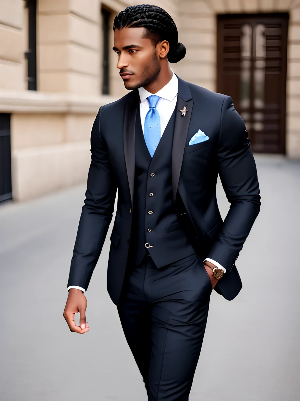 Style homme noir cheveux metisse indien de Guadeloupe noir 30 ans.black hair styled in long braid. Yeux marron claire. Dressed in a blue three-piece suit . Chaussure noir hermes . Muscular square jaw ,Charming look bewitching muscular handsome boy