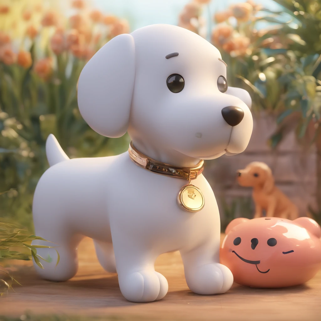 Super cute dog similar to Snoopy but fluffy by Pop Mart, Bright eyes, Cherub,Little white dress, clay, modeled, blind box toy, Glossy and delicate,clean back ground, Good luster, 3D rendering of a,Best Quality