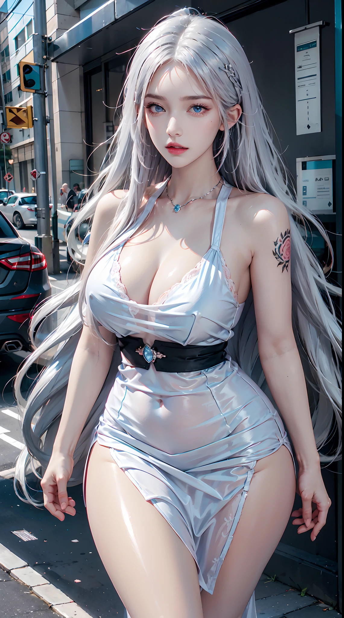 photorealistic, high resolution, 1women, shining skin, solo, tattoo, jewelry, pink lips, long silver hair, blue eyes, closed mouth, street wear, thick thighs, hips up, dress