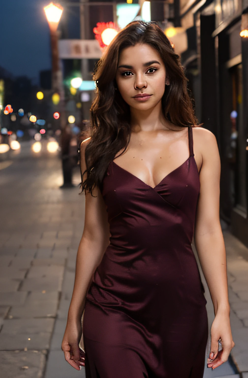 women walking, wearing a maroon maxi dress, city street, clubbing, night-time, wavy dark brown hair, young woman, without makeup, natural makeup, looking directly at the camera, subtle makeup, stunning full body shot, piercing brown eyes, beautiful angle, attractive pose, cute girl, Latina, Vanessa Hudgens, cleft chin, full body picture, full body, full body shoot, high detail, satisfied pose, small breasts, slim body, (beautiful detailed face, beautiful detailed eyes), tanned, glow, sweat, (night-time),