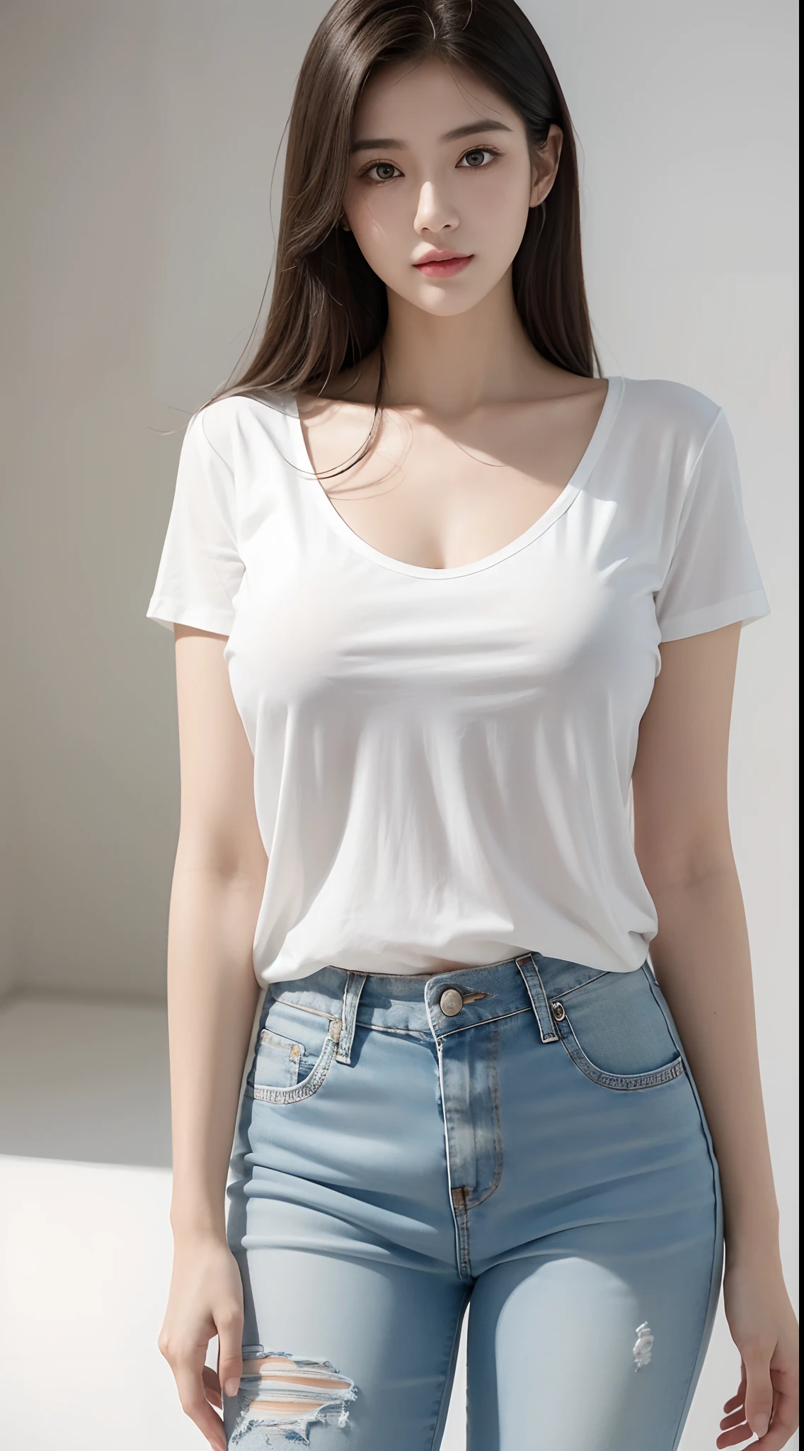 a girl in a short jeans with white tee shirt,A very sexy and Big Chest,very beautiful face,highly detailed and beautiful,Cute beautiful woman with perfect body,Dressing,happy facial expression,Standing,((Women as the main focus)),High-definition face and skin texture,A detailed eye,Highly detailed and focused chest