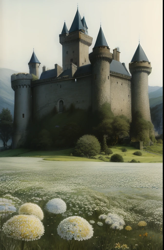 a ((castle)) in a field of flowers, Director: Tatsuyuki Tanaka, inspired by Jacek Yerka, inspired by Gediminas Pranckevicius, By Rainer Hosch, Director: Takahashi Yuichi, Director: Fujishima Takeji, Director: Eduardo Baird, Director: Gediminas Pranckevicius, extremely high detail, Clarity, 8kK, realism, fantasy, white sky