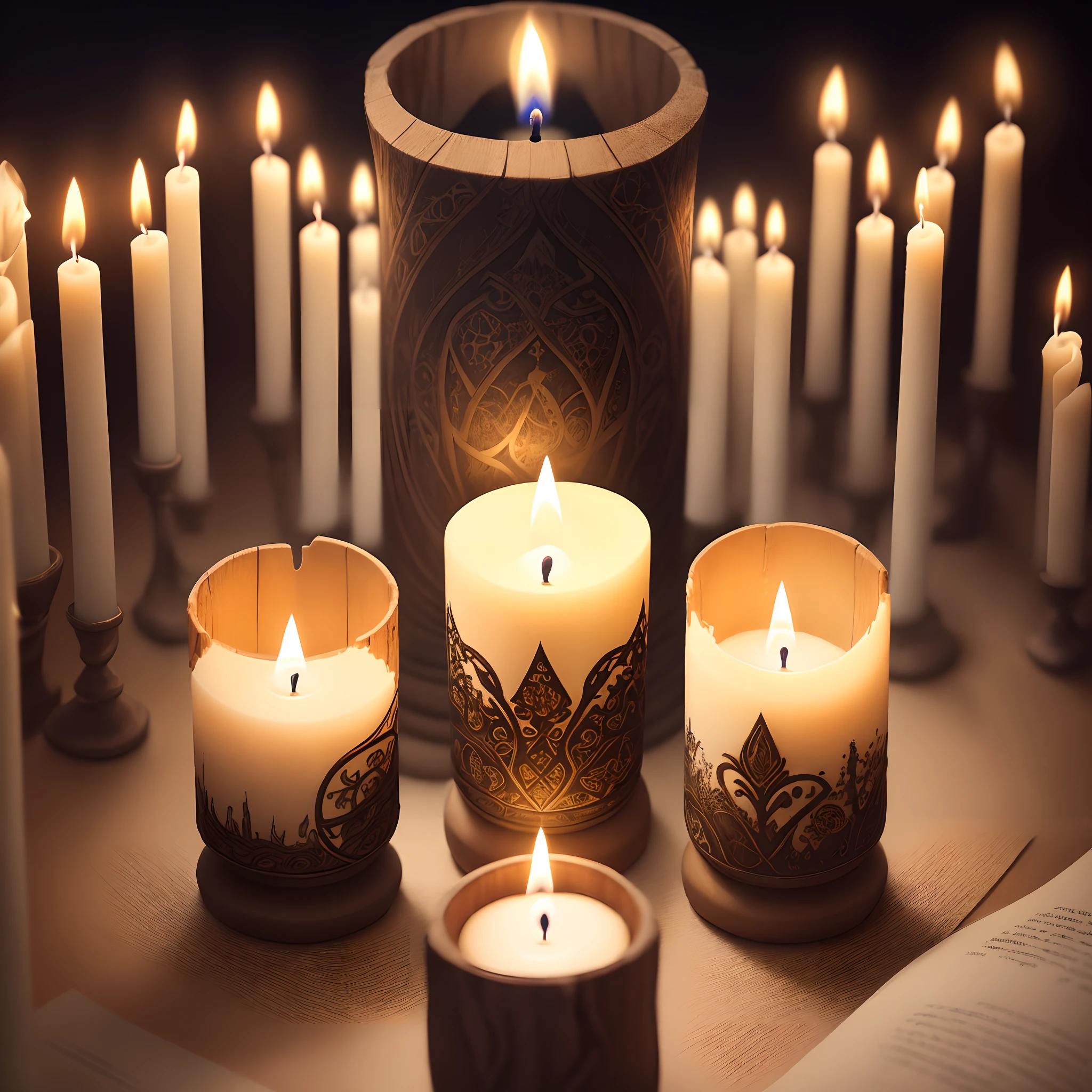 "Arcane Light: The Enchanted Candle" - Craft a mesmerizing image of a magical candle, radiating an otherworldly glow. Capture the intricate details of the candle, from the melting wax to the enchanted markings. Make the light it emits truly captivating, as if it holds the secrets of ancient spells. This image should evoke a sense of wonder and enchantment, Artwork, using a mystical and captivating style to depict the magical candle and its radiant light, --ar 16:9 --v 5