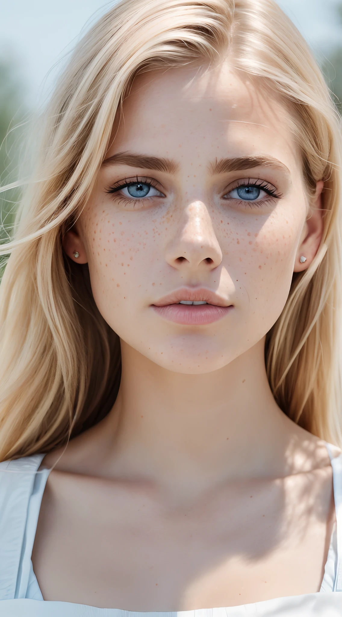 Blonde woman with freckled light blue eyes and freckled hair looking at camera, Visage de jeune femme, Detailed perfect face, beau visage jeune, close up of a blonde woman, extremely beautiful face, Gros plan visage parfait, Perfect face finely detailed, beautiful fine face features, light freckles, beautiful delicate face, jeune beau visage, very light freckles, light cute freckles