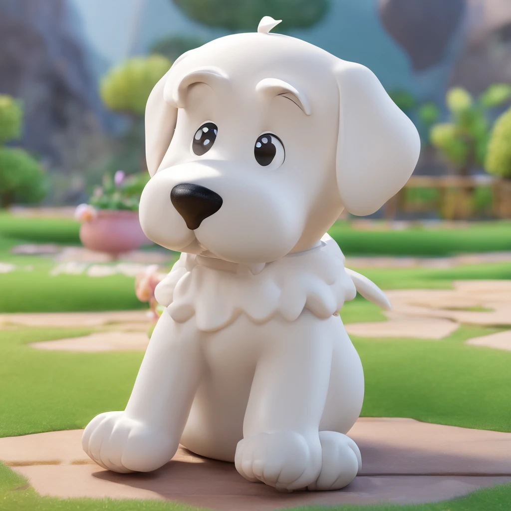 Similar to Snoopy by Pop Mart、Super cute fluffy dog with a white body and gray ears, Bright eyes, Cherub,Little white dress, clay, modeled, blind box toy, Glossy and delicate,clean back ground, Good luster, 3D rendering of a,Best Quality