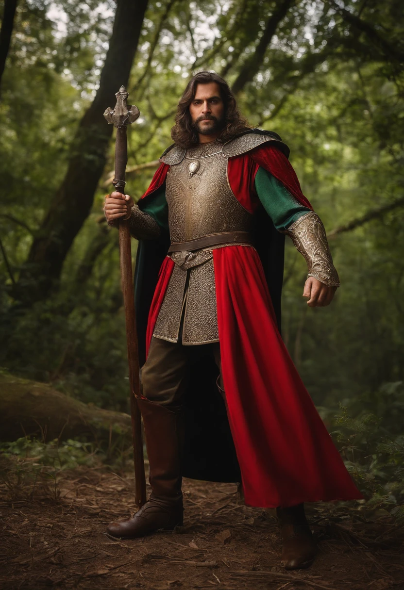 "Cavaleiro Real com uma aura majestosa, Adornado com armadura branca de neve cintilante, Wielding the legendary mace with his right hand,Holding a large shield in his left hand, Elevando-se no meio de campos de batalha medievais,Vestindo uma aura verde,Faixas e raios de luz tremulando ao vento iluminam a cena.Cruz Grande,Escudo para proteger aliados,"