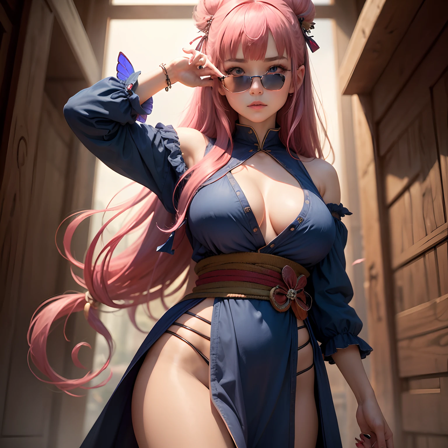 8k, masterpiece, best quality, realistic, higly detailed, cowboy shot, 1girl, solo, Nino, cute, cold-looking girl, waist-length straight hair, square bangs hanging over eyebrows, reddish-pink hair, twin butterfly-shaped ribbons on both sides of head, dark blue eyes, average height, well-endowed figure, large breasts, fashionable girl, various cute accessories, takes care of nails, Monk