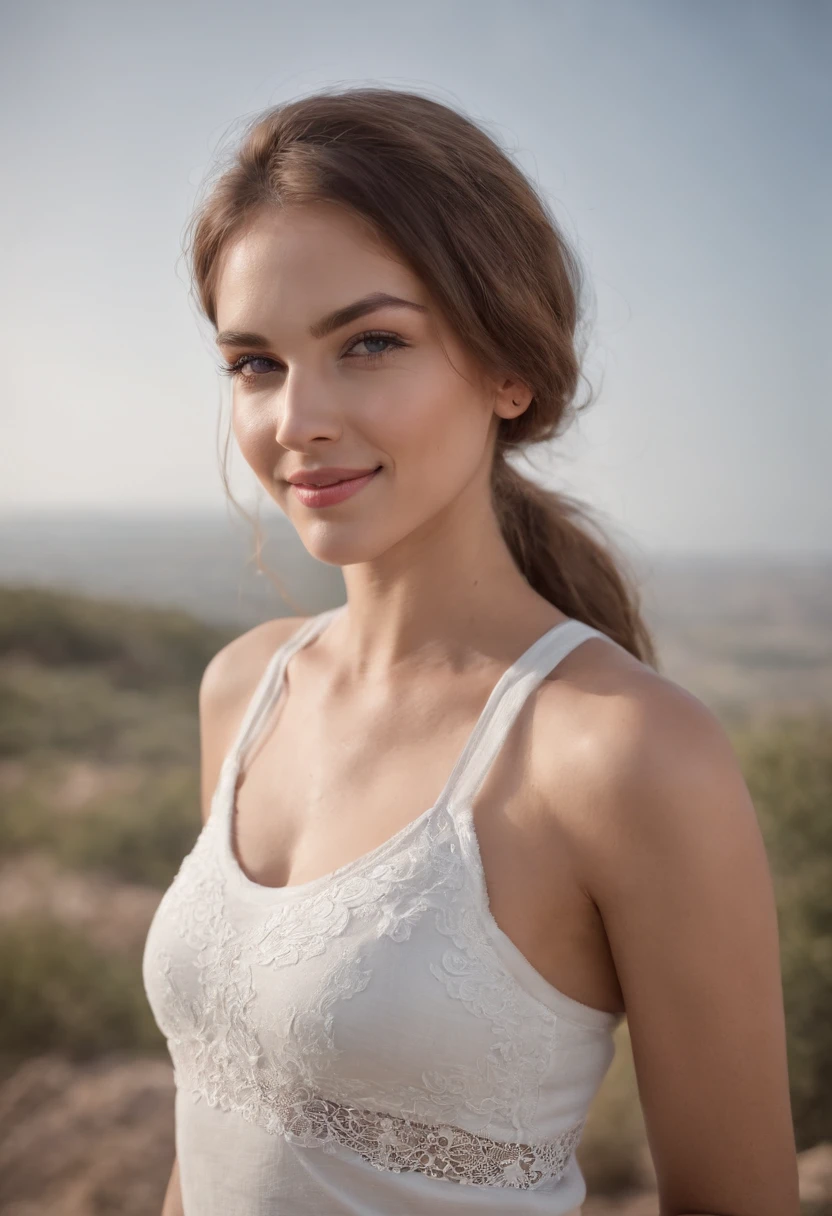 una mujer joven muy detallada ojos perfectos sonriendo con cabello rubio medio de pie afuera, Con clase en el estilo de lo cool,Short white tank top and fitted yoga pants, tetas grandes con pocos tatuajes en los brazos, pantalones vaqueros holgados, zeiss planar t* 88 mm f/1.2, Retrato de Kodak, Imagen UHD, Soviet wave, rasgos faciales distintivos,