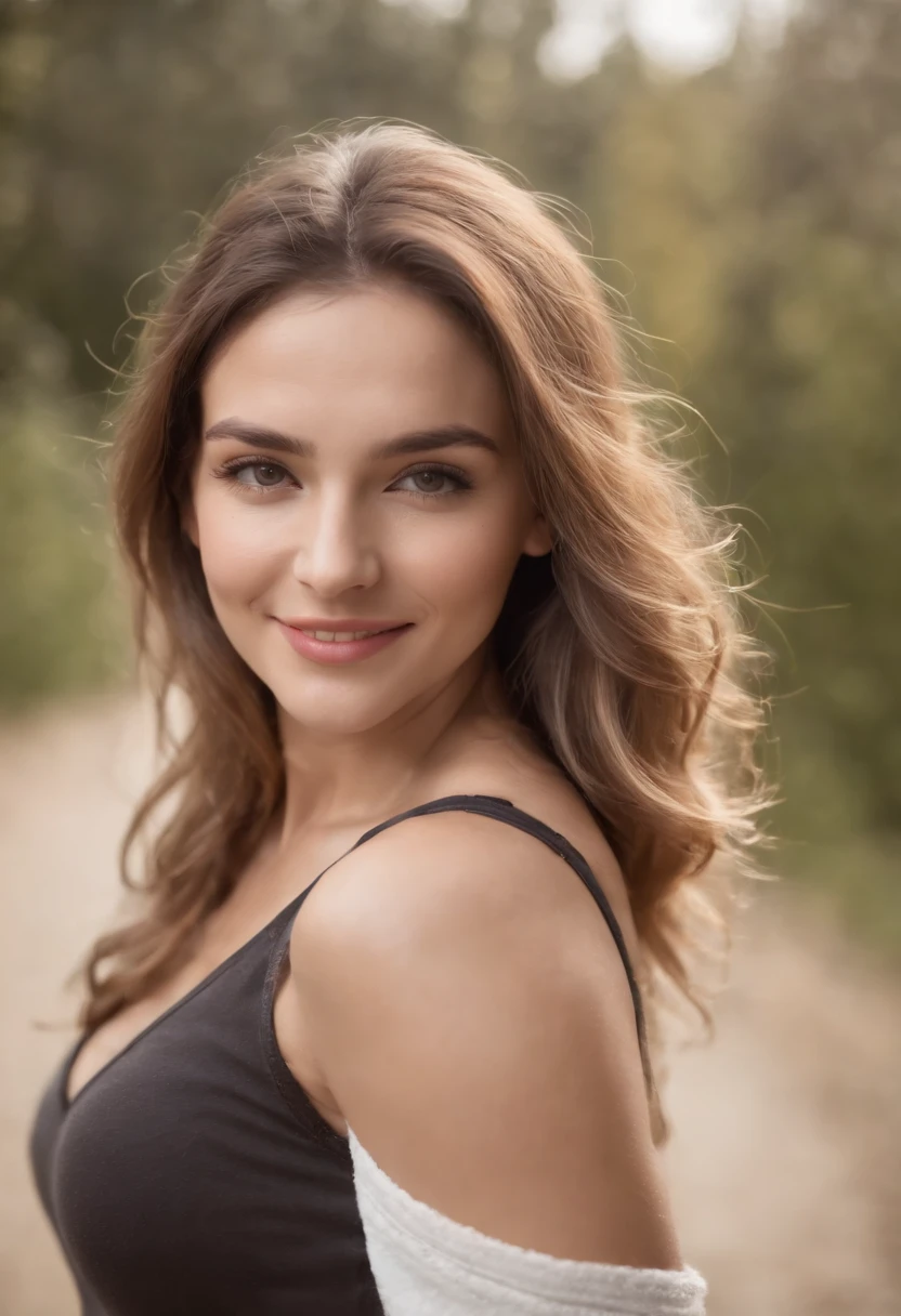 una mujer joven muy detallada ojos perfectos sonriendo con cabello rubio medio de pie afuera, Con clase en el estilo de lo cool,Short white tank top and fitted yoga pants, tetas grandes con pocos tatuajes en los brazos, pantalones vaqueros holgados, zeiss planar t* 88 mm f/1.2, Retrato de Kodak, Imagen UHD, Soviet wave, rasgos faciales distintivos,