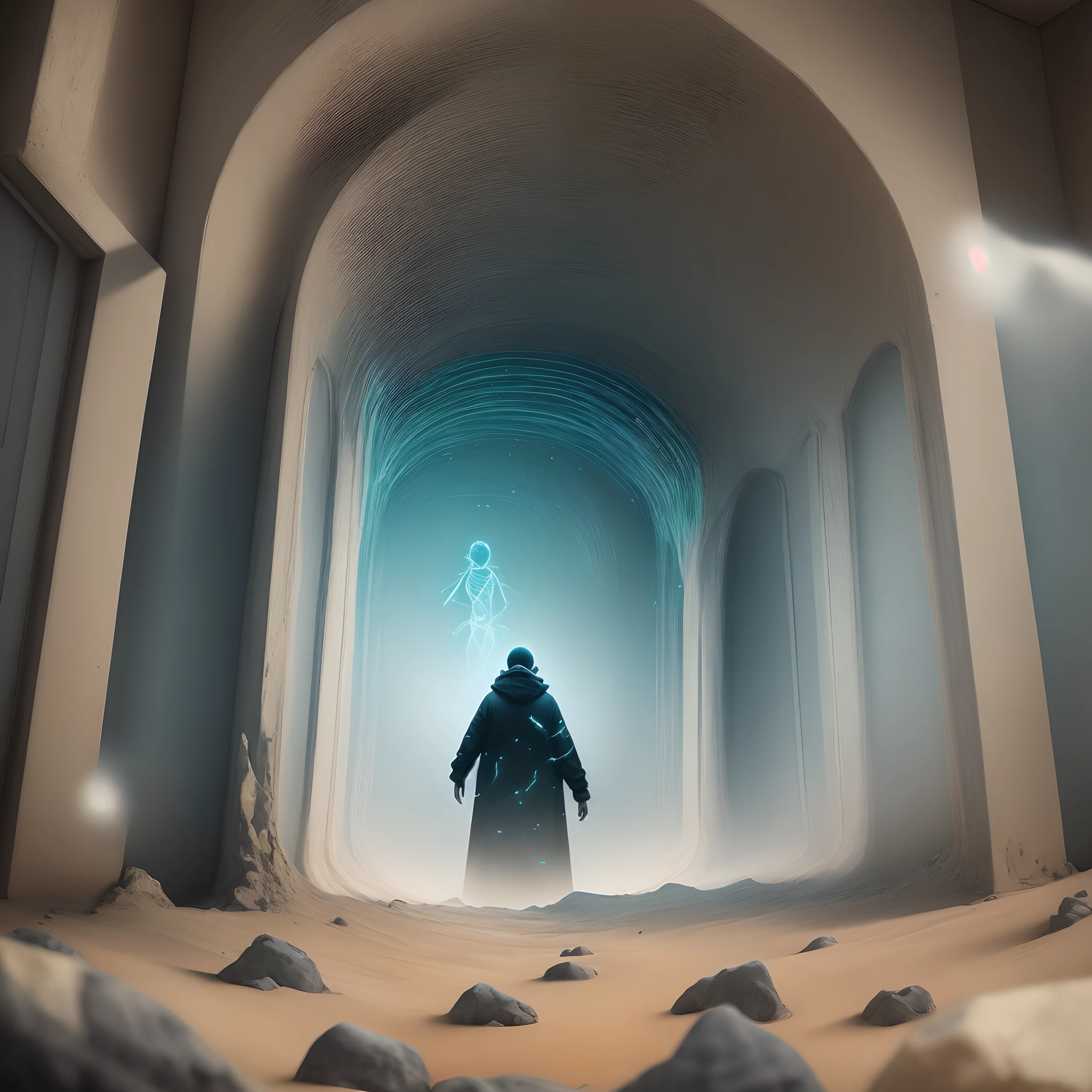 Show a person emerging from the simulated world into the unknown, symbolizing a transition from illusion to truth