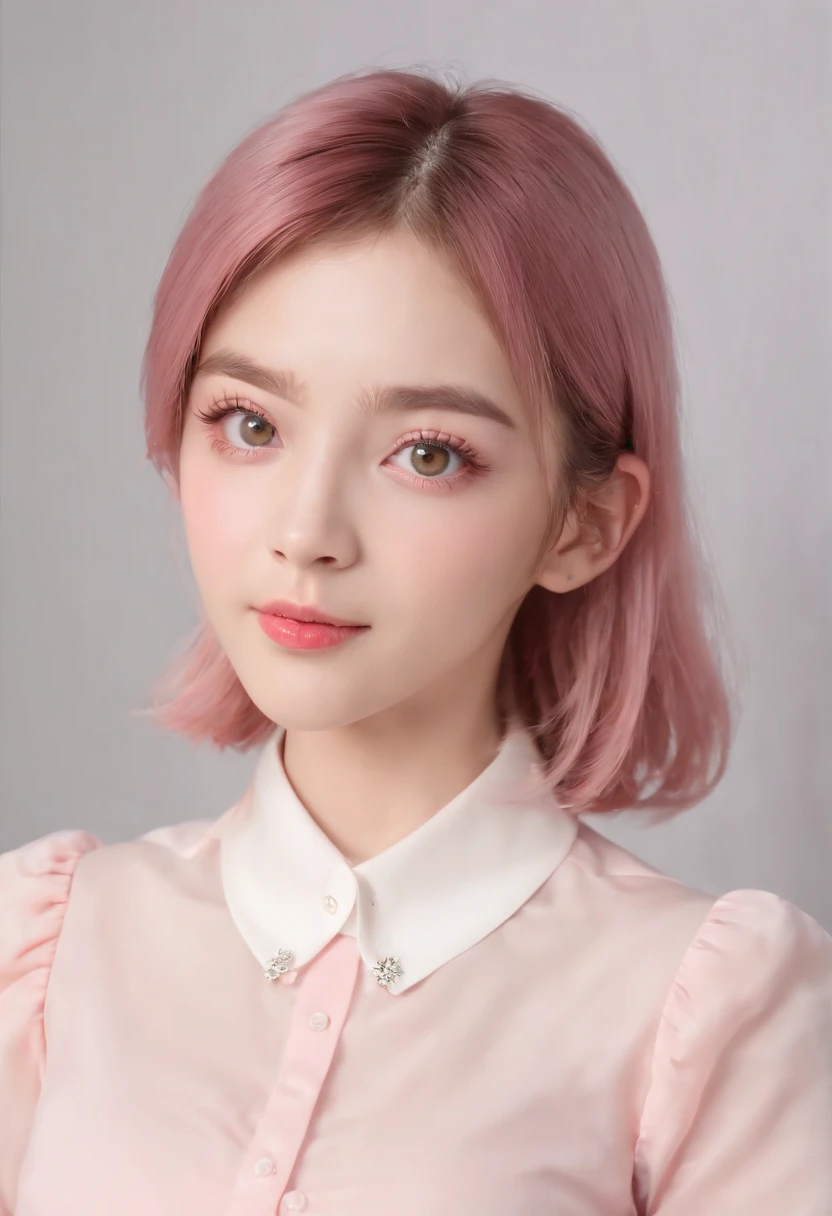 best image quality, masterpiece, super high resolution, (fidelity:1.4), photo, 1 girl, 21 years-old,(portrait),(upper body),blur background,white background,short hair,(light pink hair),pink pupils,((bright eyes)),slim shoulders,(swear school uniform),((pink-white-red school uniform)),school girl alternative clothes,rosy cheek,((small chest)),upper body shot,(pinl pupils :1.5) ,(glow eyes :1.5),((excited:1.5))