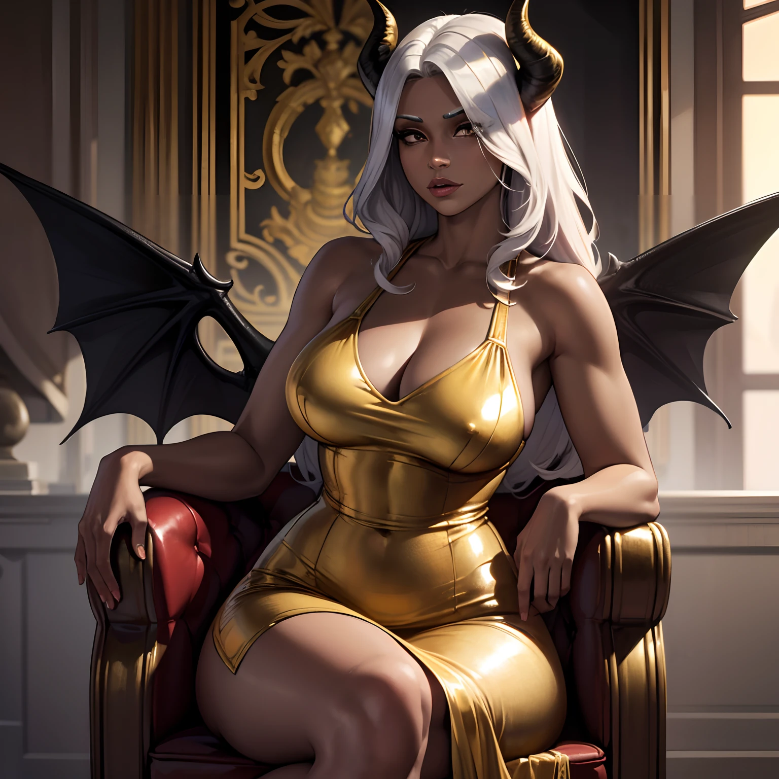 (best quality,4k,8k,highres,masterpiece:1.2), ultra-detailed, (realistic,photorealistic,photo-realistic:1.37), mature ebony-skinned female with long flowing silver hair, wearing a golden  gilded form-fitting skimpy golden dress, curvy, has large black demon wings, has demonic horns, alluring gaze, dark skin tone, ebony skin tone, golden dress, dress made of gold, alone, solo, (ALONE)(SOLO), sitting on throne