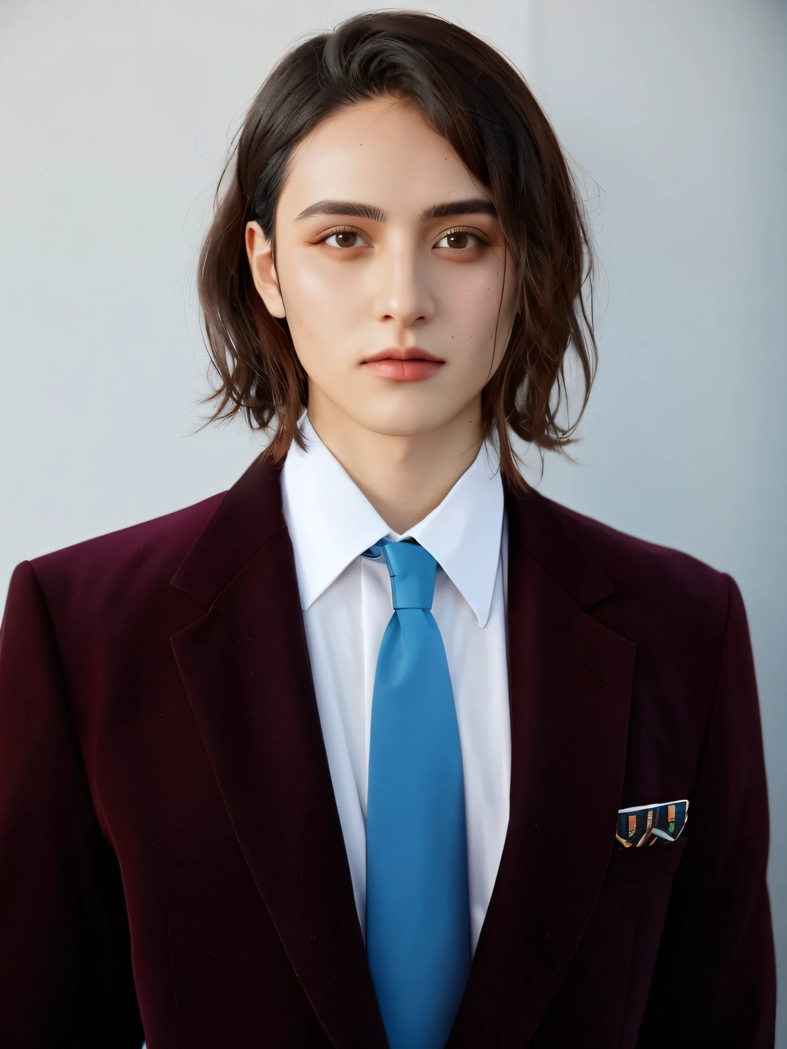 Hay una mujer vestida de traje y corbata con corbata azul, Chica de traje, Chica con traje, androgynous person, con traje y corbata, Llevar traje y corbata, En traje estricto, Llevar traje de negocios, con traje y corbata, Usar un traje de negocios estricto, en un traje de negocios, androgynous male, Blazer de terciopelo