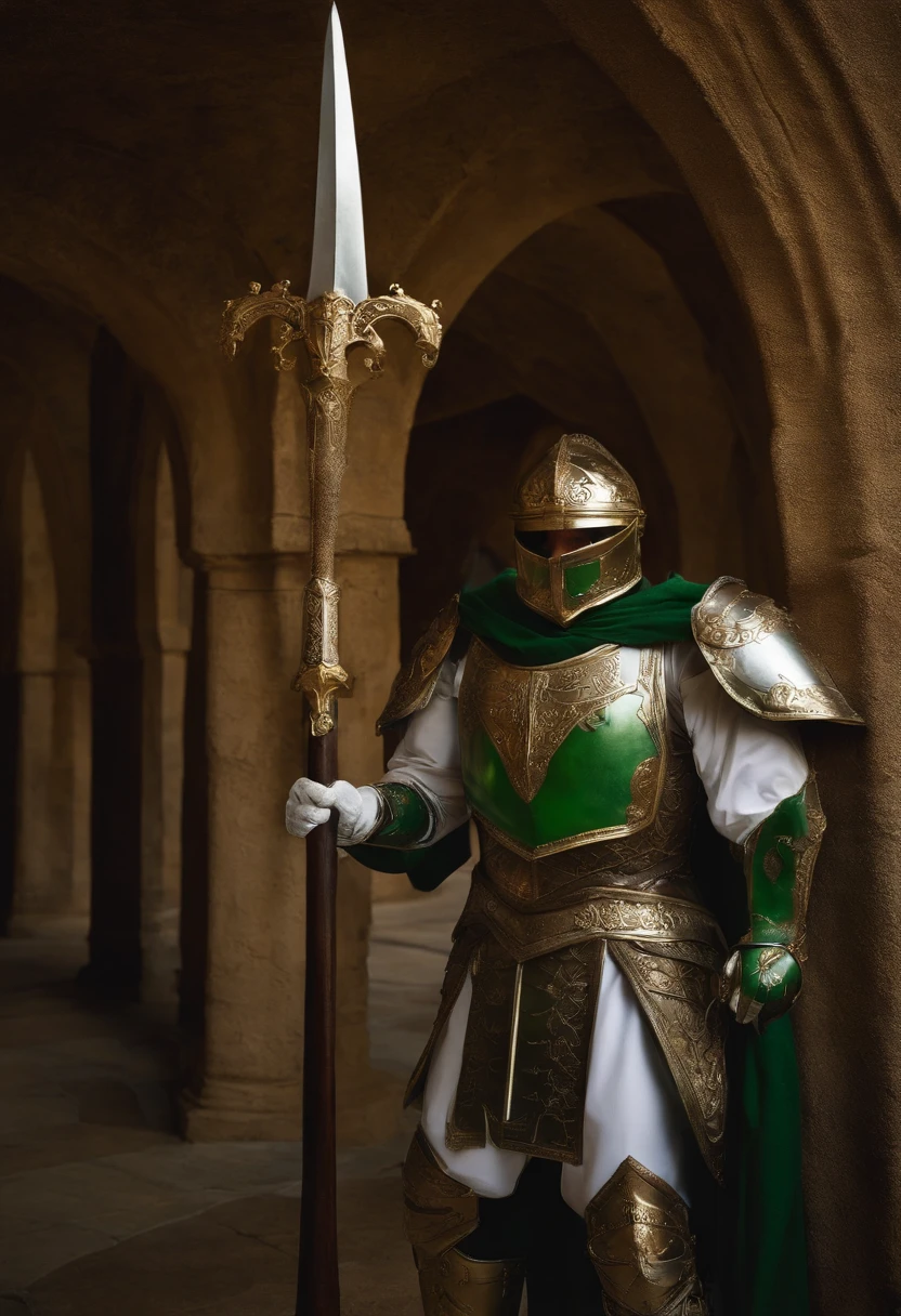 "Um cavaleiro real com uma aura majestosa, Decorado com armadura branca pura brilhante, The right hand wields the legendary mace,Holding a large shield in his left hand, Elevando-se no meio de campos de batalha medievais,Using a green halo,Faixas e luz tremulando ao vento iluminavam a cena."