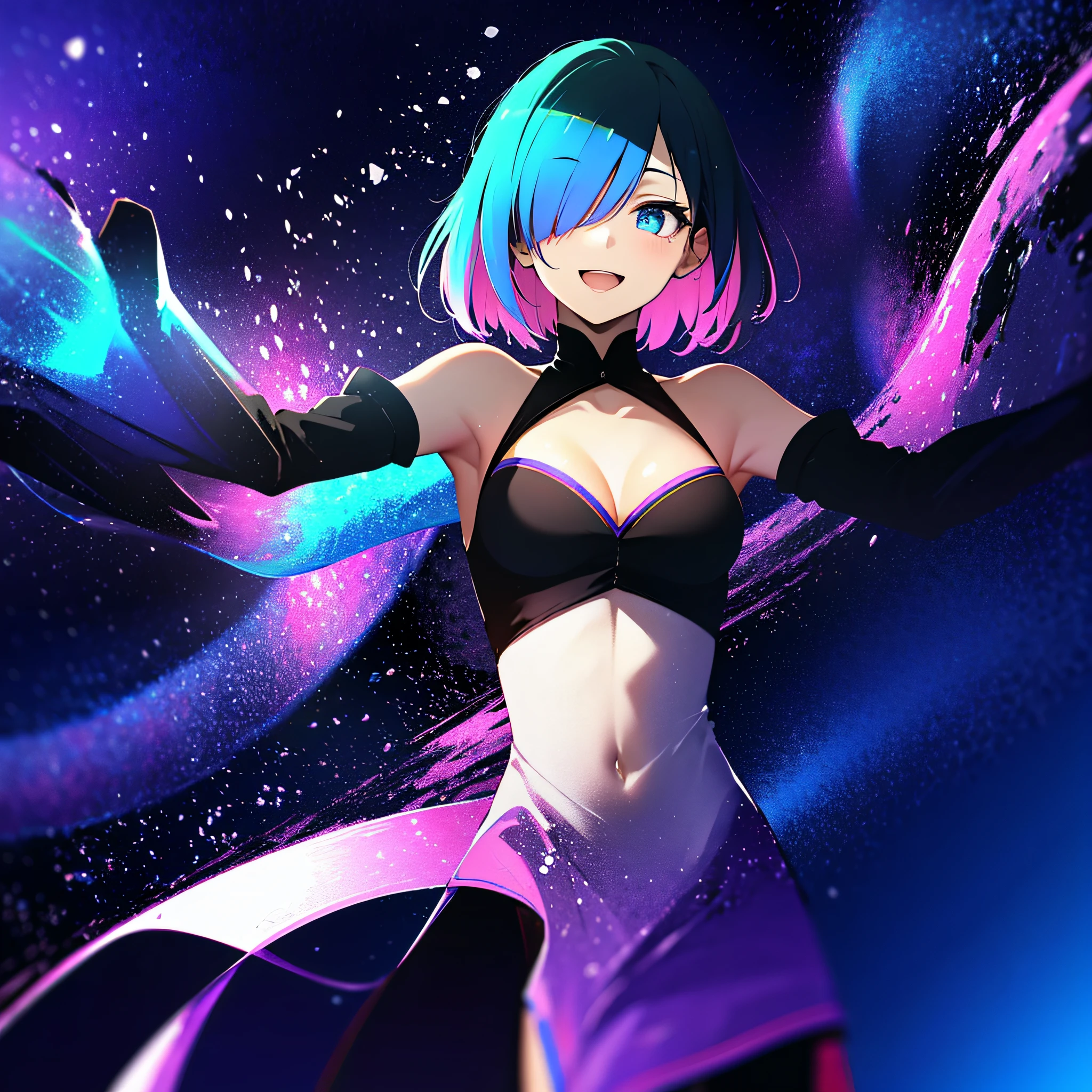 (masutepiece:1.3), (Best Quality:1.3), High resolution, Couboy Shot, I'm on the street with my arms outstretched and a big smile on my face.、Spread your arms、Hair color is purple、Short hair、Blue Mesh、blacklight、Vivid sea、Clear、Iridescent Sea、huge smile、Spectacular background、 Eyes are purple, Miraculous Eye、Beautiful detailed eyes, ultradetailed eyes、Glitter eyes,Put the most effort into the brilliance of your eyes、, (One Cute Girl:1.3), , Hair over one eye, Small breasts, Dress, Detached sleeves, Dress like a wacky fashion model、White pantyhose、Wearing a rainbow-colored aura from the whole body、purpleish color, Outdoors, Purple background, Shadow lighting,perfectbody