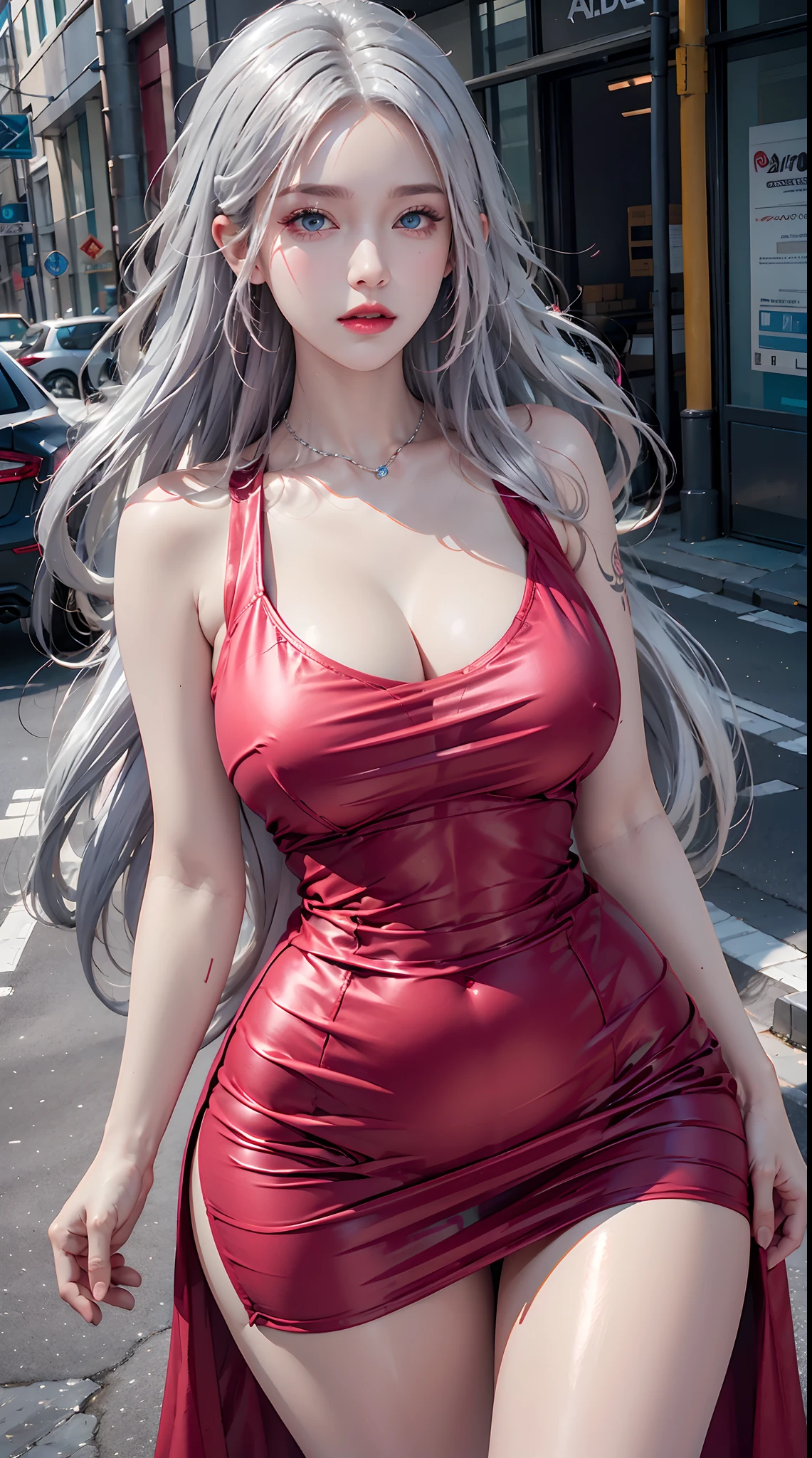 photorealistic, high resolution, 1women, shining skin, solo, tattoo, jewelry, pink lips, long silver hair, blue eyes, closed mouth, street wear, thick thighs, hips up, red dress