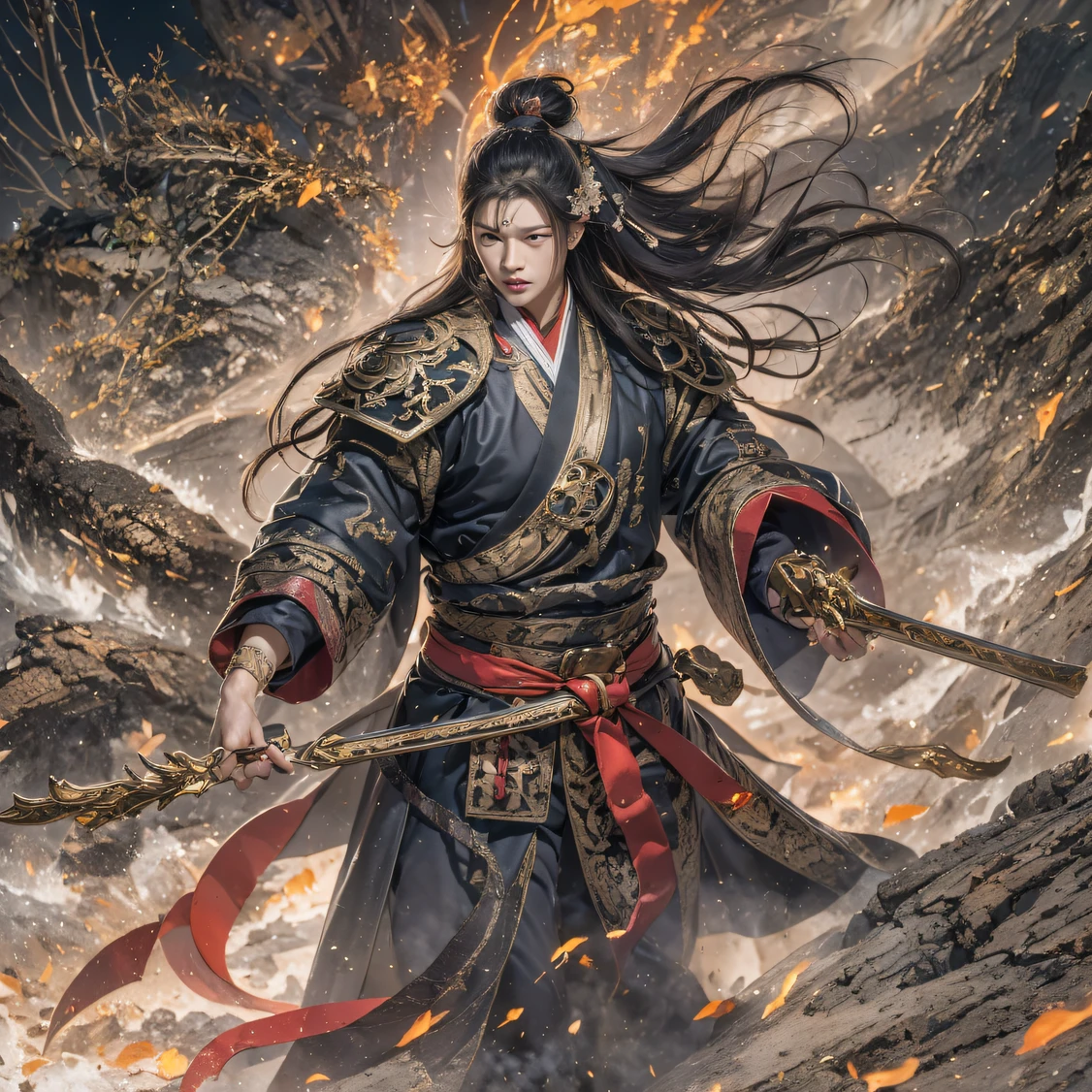 Qin Yu flew into the Immortal Demon Realm, Chance encounter with Liu Hanshu, He saw in him his former self, It was decided to take him as an apprentice, Teach him how to protect himself, But because of the Tibetan star map, He established relationships with the Liu family and the Jade Sword Sect, It opens with the death of Liu Hanshu, Qin Yu embarked on the road of confrontation with a strong enemy, Working hard, Make yourself stronger, Stick to your own core path of justice, I also want to protect the people I care about, The three brothers took off, And embarked on a long journey to find a good brother, Qin Yu, Where are Xiao Hei and Hou Fei(canyons)Climb the streets(Doomsday Stream)eyes filled with angry,He clenched his fists,Rush up,Deliver a fatal blow to your opponent,full bodyesbian,Full Body Male Mage 32K(Masterpiece Canyon Ultra HD)Long flowing black hair,Campsite size,zydink, The wounded lined up in the streets(canyons)Climb the streets, The scene of the explosion(canyons), (Linen batik scarf), Angry fighting stance, looking at the ground, Batik linen bandana, Chinese python pattern long-sleeved garment, canyons(Abstract propylene splash:1.2), Dark clouds lightning background,Flour flies(realisticlying:1.4),Black color hair,Flour fluttering,rainbow background, A high resolution, the detail, RAW photogr, Sharp Re, Nikon D850 Film Stock Photo by Jefferies Lee 4 Kodak Portra 400 Camera F1.6 shots, Rich colors, ultra-realistic vivid textures, Dramatic lighting, Unreal Engine Art Station Trend, cinestir 800,Flowing black hair,(((Jungle Canyon)))The wounded lined up in the streets(vale)Climb the streets,Movie master live image quality