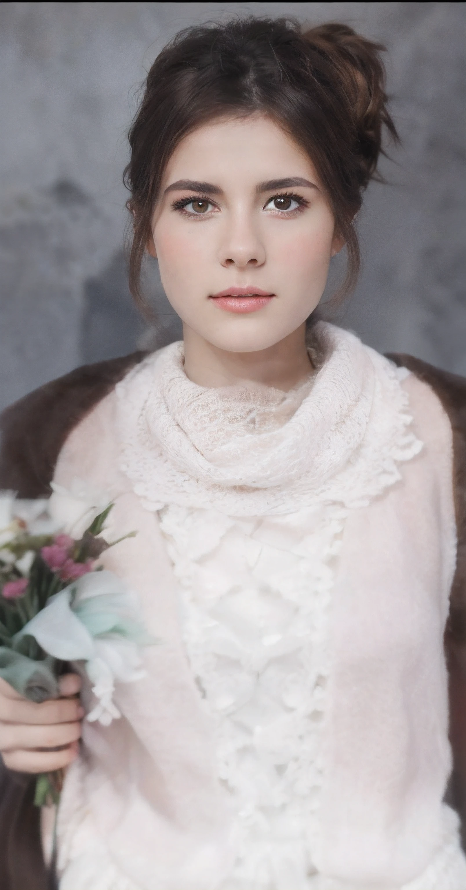 There's young woman holding a bouquet of flowers, She has brown hair and wears a white scarf on the left side and a brown scarf on the right, olhos castanhos, fair skin with rosacea, bochecas coloridas, tem uma casaco castanho e uma tshirt branca por baixa de renda, raw photo, amazing photograph, best quality, 8K, high quality, Ultra detailed, (best quality), (high detailed skin, full sharp:1.2), 8k uhd, dslr, detailed face