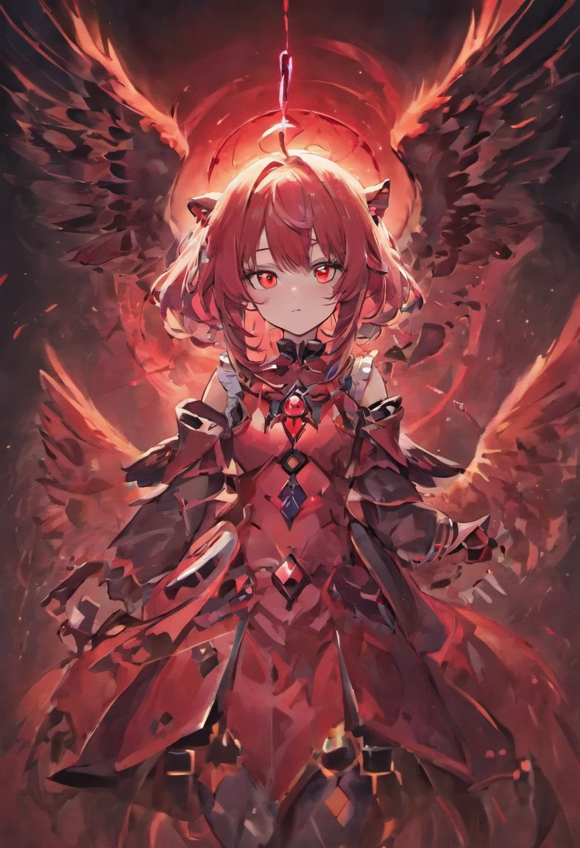 She has cat ears and red and blue odd-eye with red pupils in one eye。On the back there are three pairs of demon wings and angel wings、She has small breasts and wears a black and white combat suit。He has a wand with a blue gem and a compass embedded in it.、A black and white ring is above my head。Behind is a red moon glowing in the darkness。